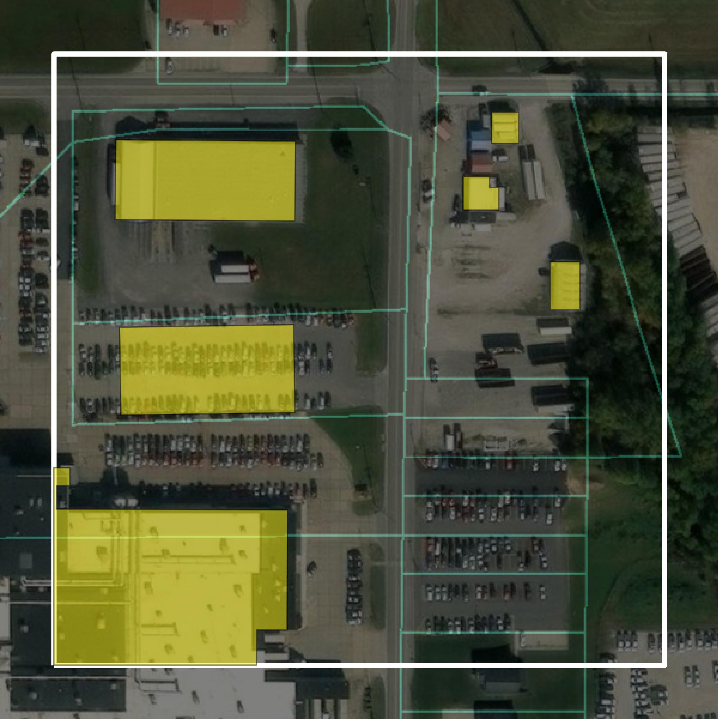 This image shows parcel and building data in Dubois County created using GIS data in Equator.