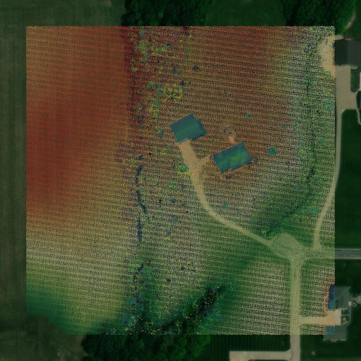This image shows a LiDAR point cloud in Dubois County created using GIS data in Equator.