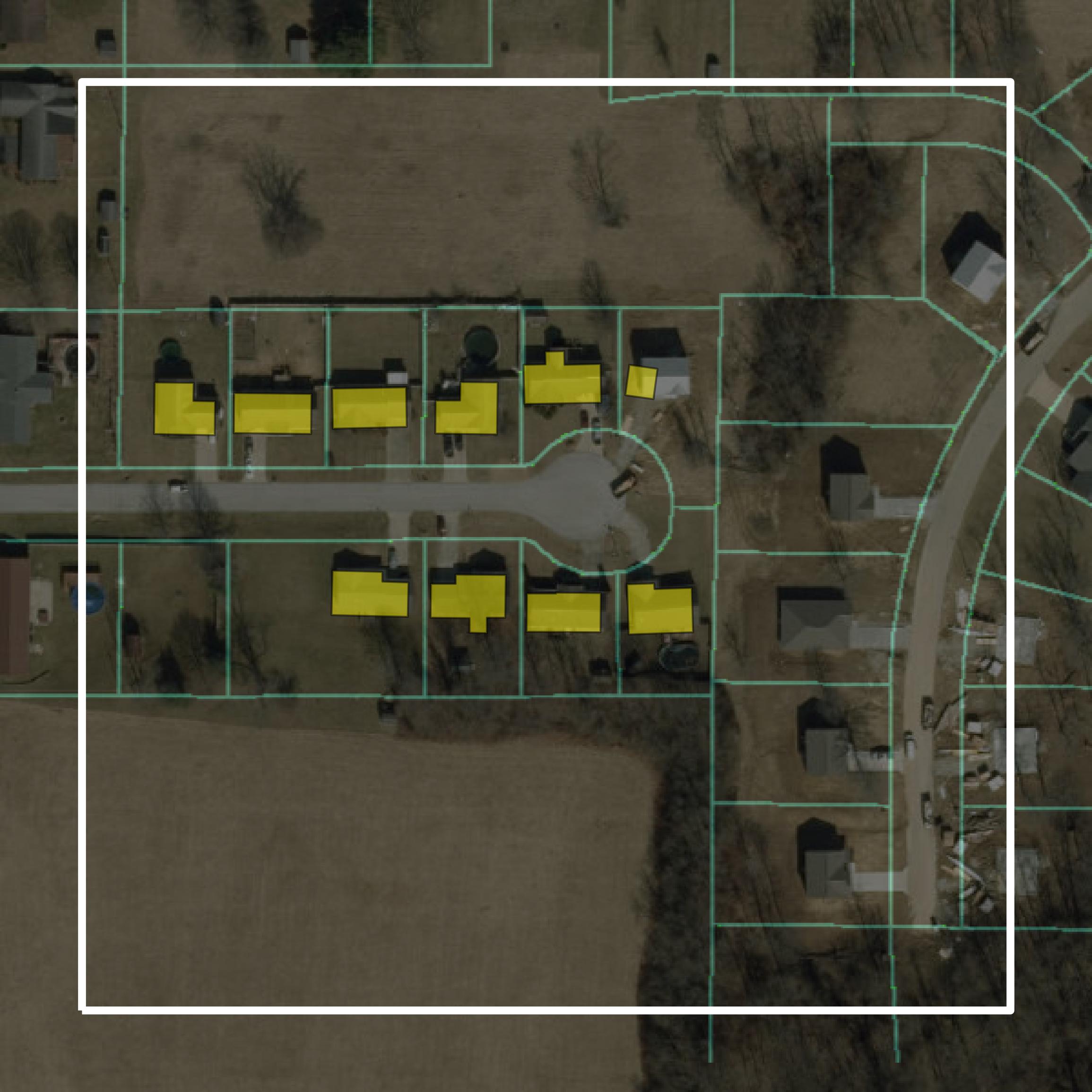 This image shows parcel and building data in Fayette County created using GIS data in Equator.