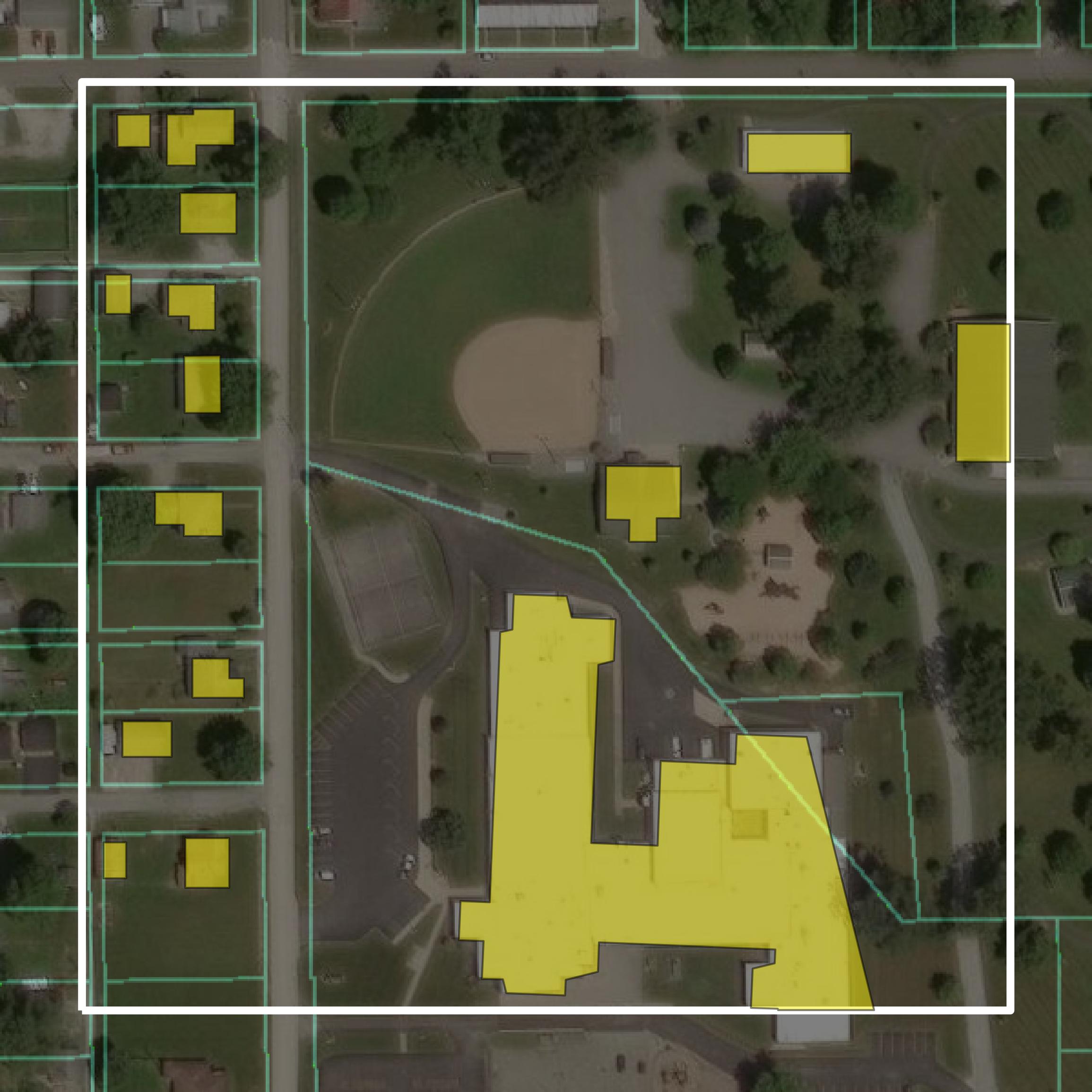 This image shows parcel and building data in Grant County created using GIS data in Equator.