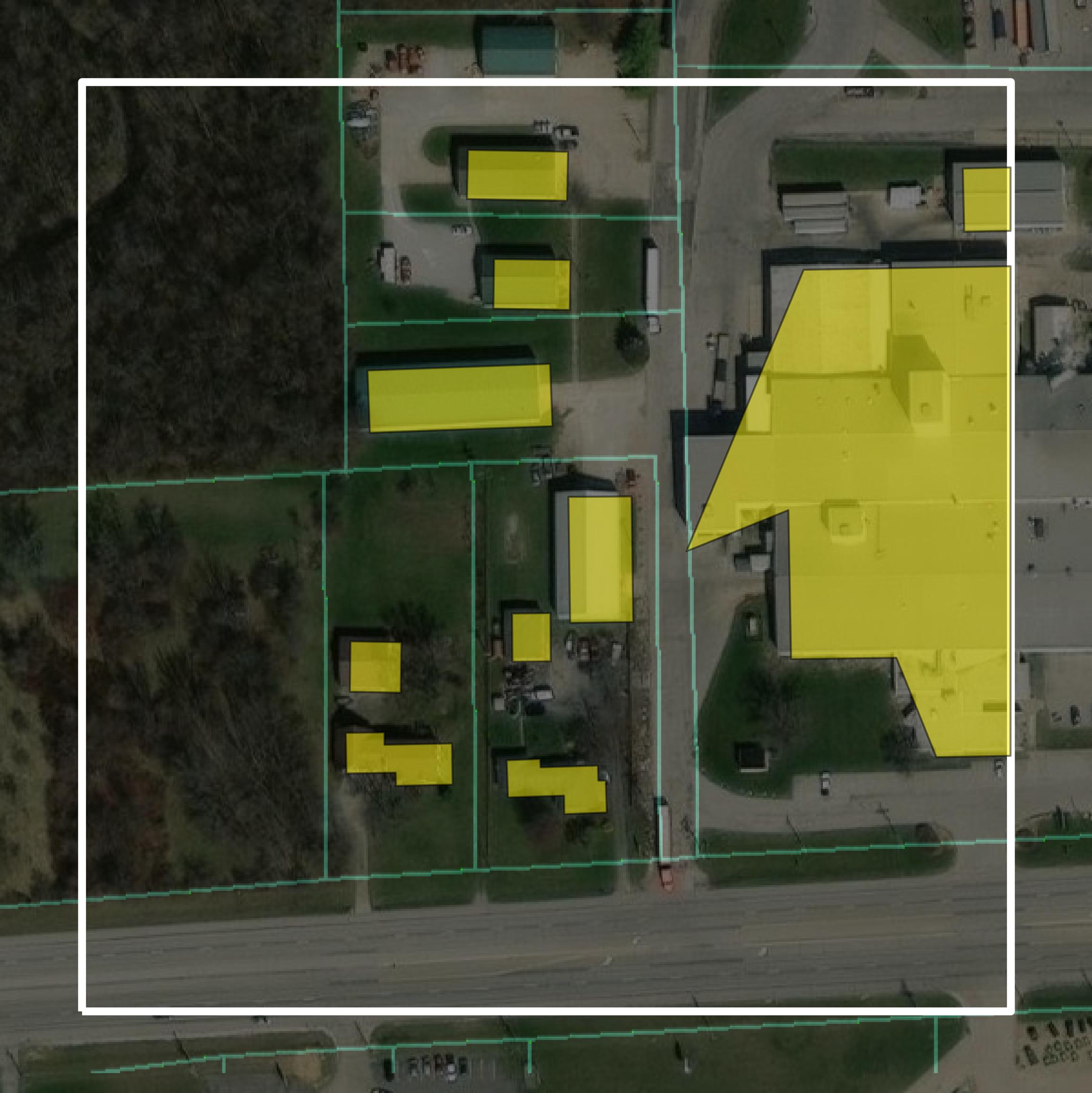 This image shows parcel and building data in Hancock County created using GIS data in Equator.