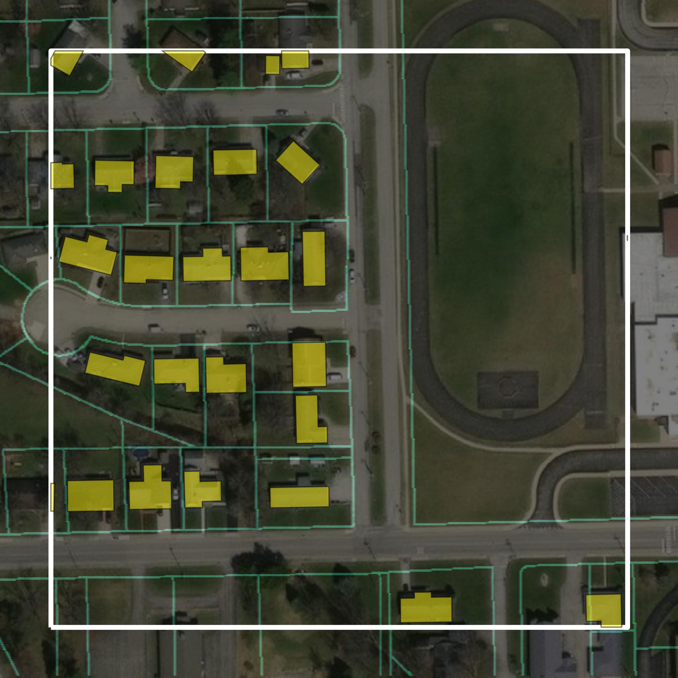 This image shows parcel and building data in Hancock County created using GIS data in Equator.