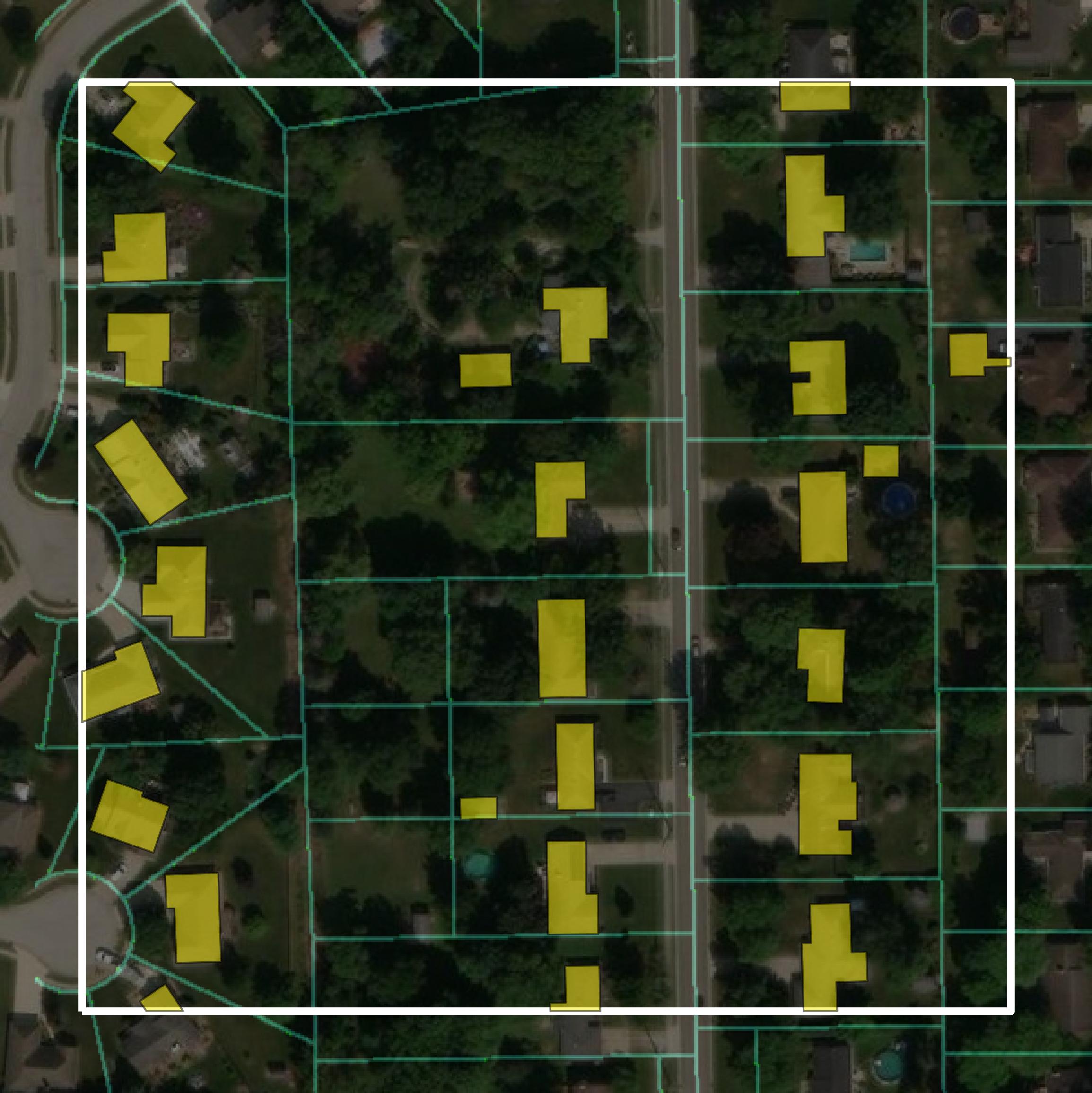 This image shows parcel and building data in Hendricks County created using GIS data in Equator.