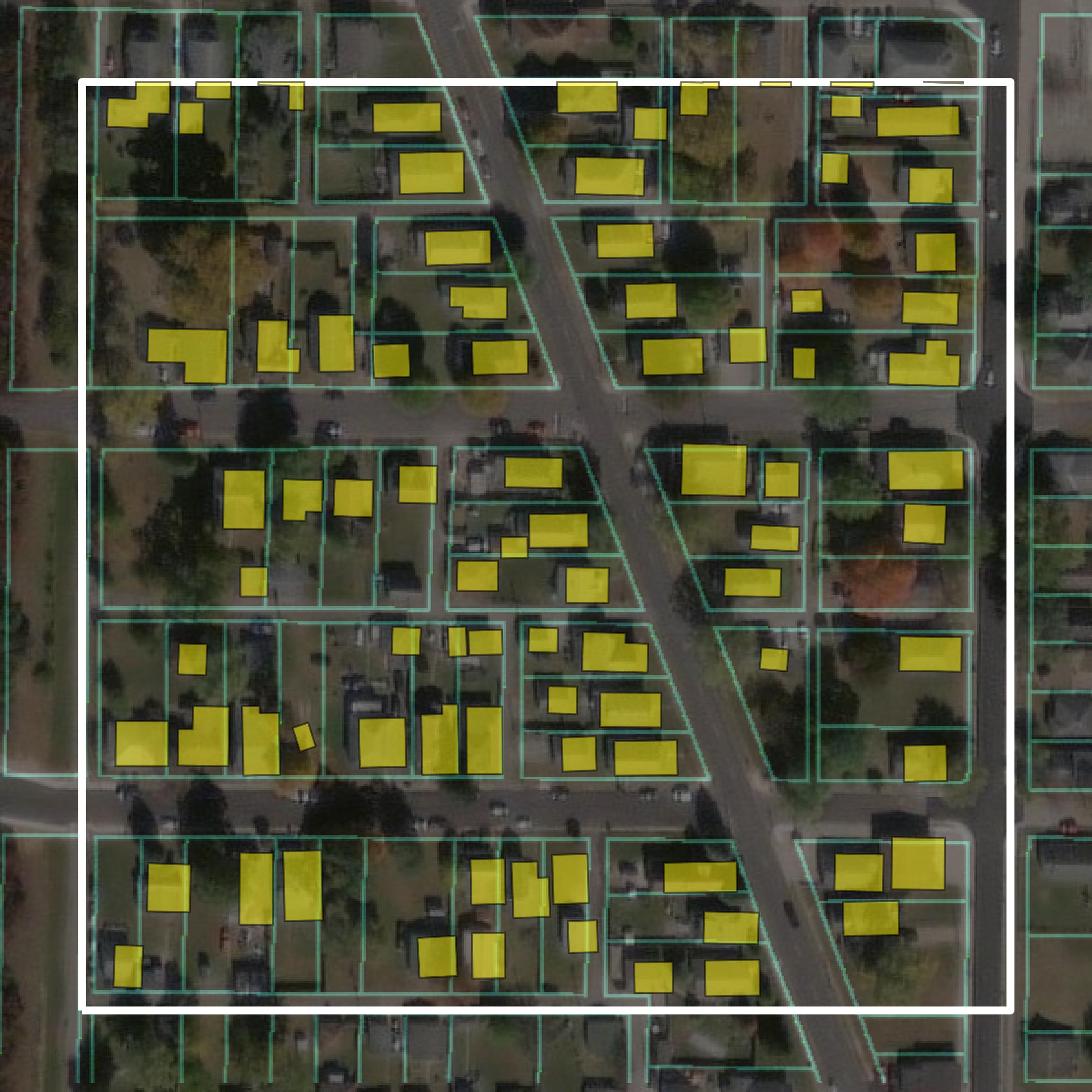 This image shows parcel and building data in Henry County created using GIS data in Equator.