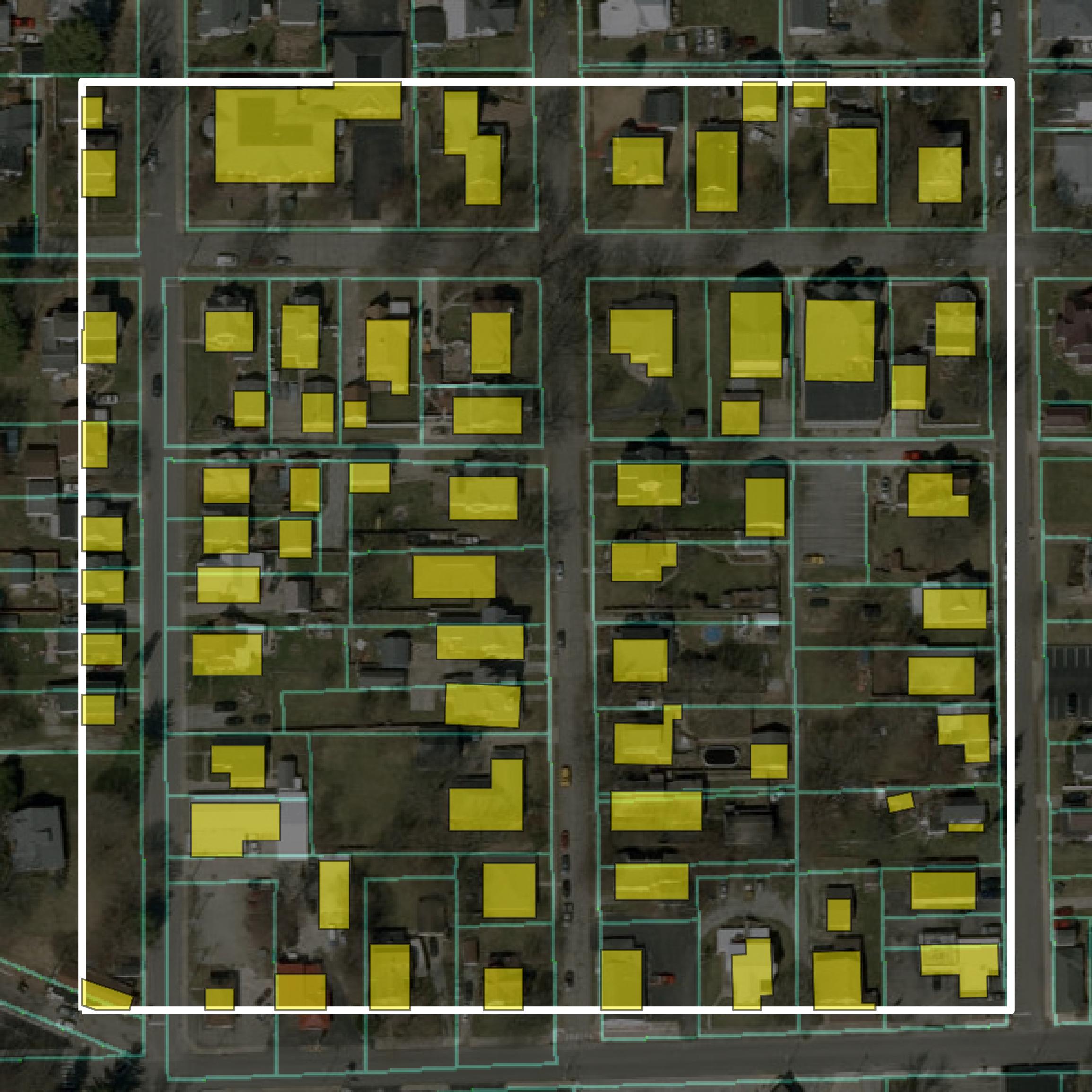 This image shows parcel and building data in Henry County created using GIS data in Equator.