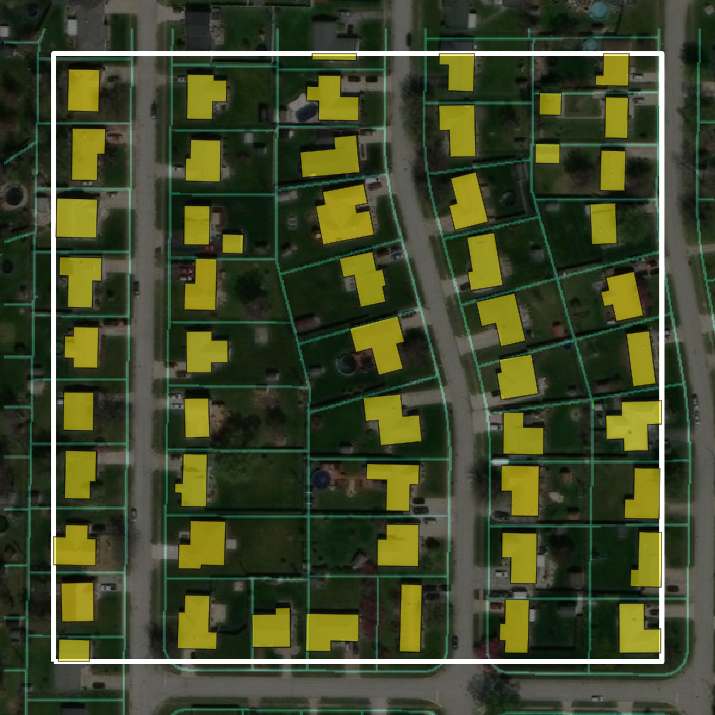 This image shows parcel and building data in Howard County created using GIS data in Equator.