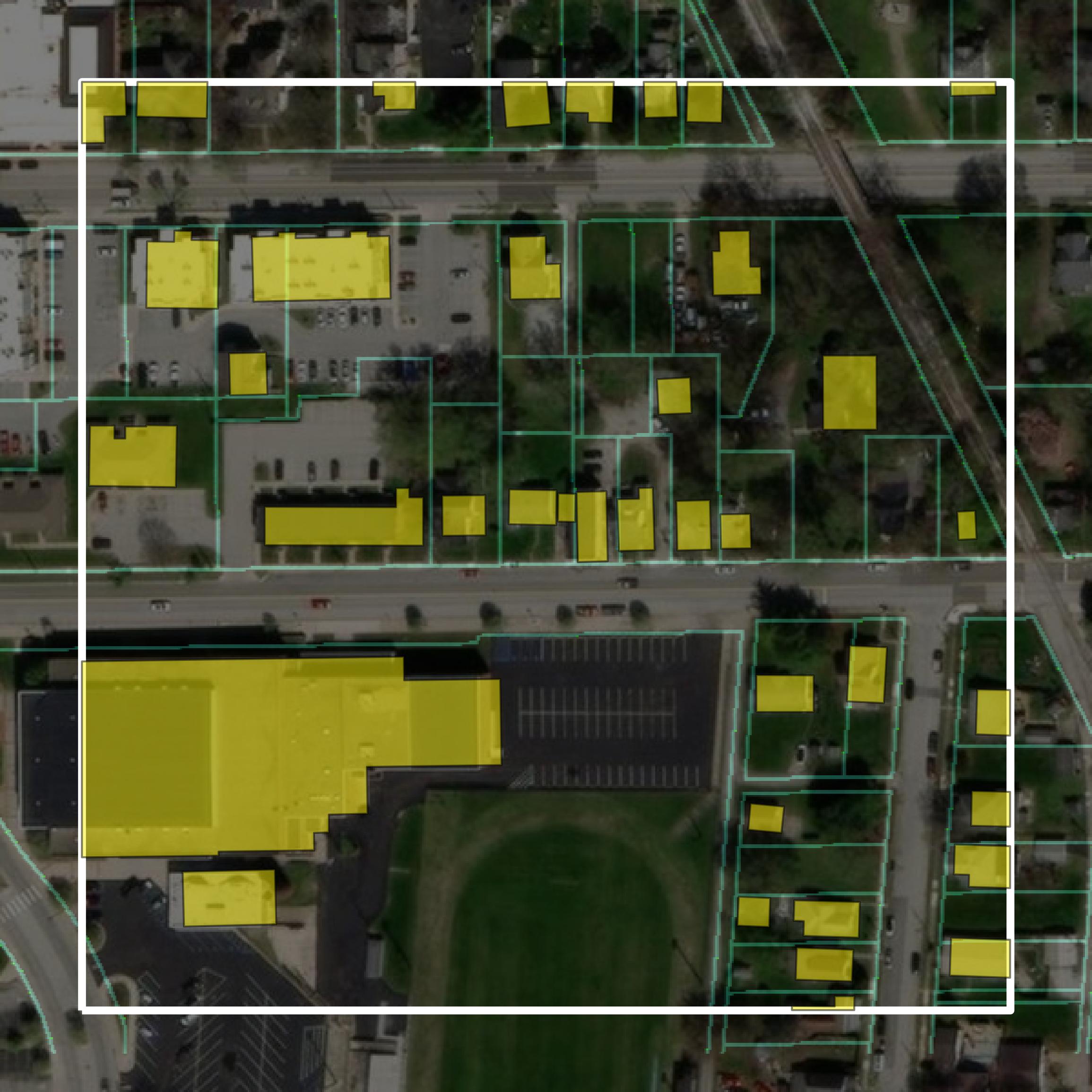 This image shows parcel and building data in Howard County created using GIS data in Equator.