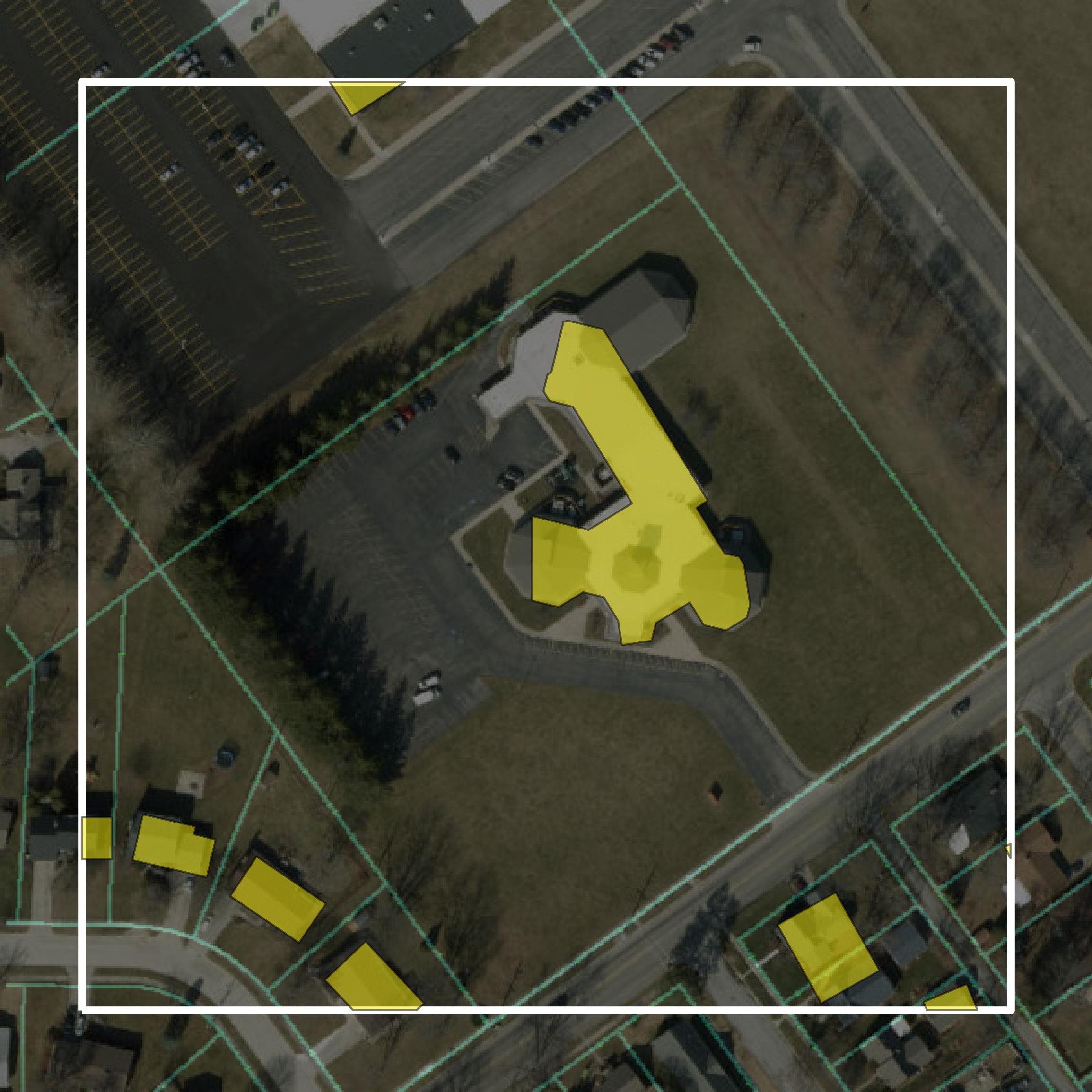 This image shows parcel and building data in Huntington County created using GIS data in Equator.