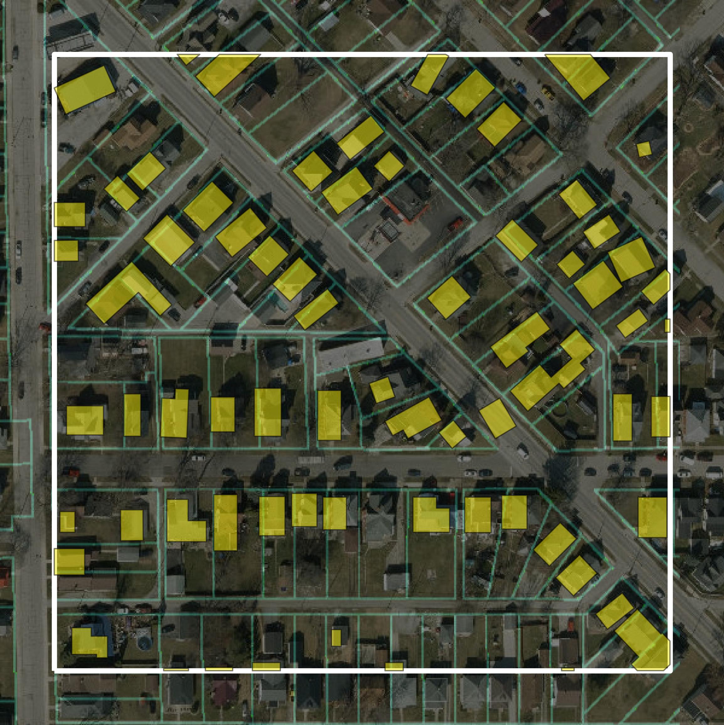 This image shows parcel and building data in Huntington County created using GIS data in Equator.