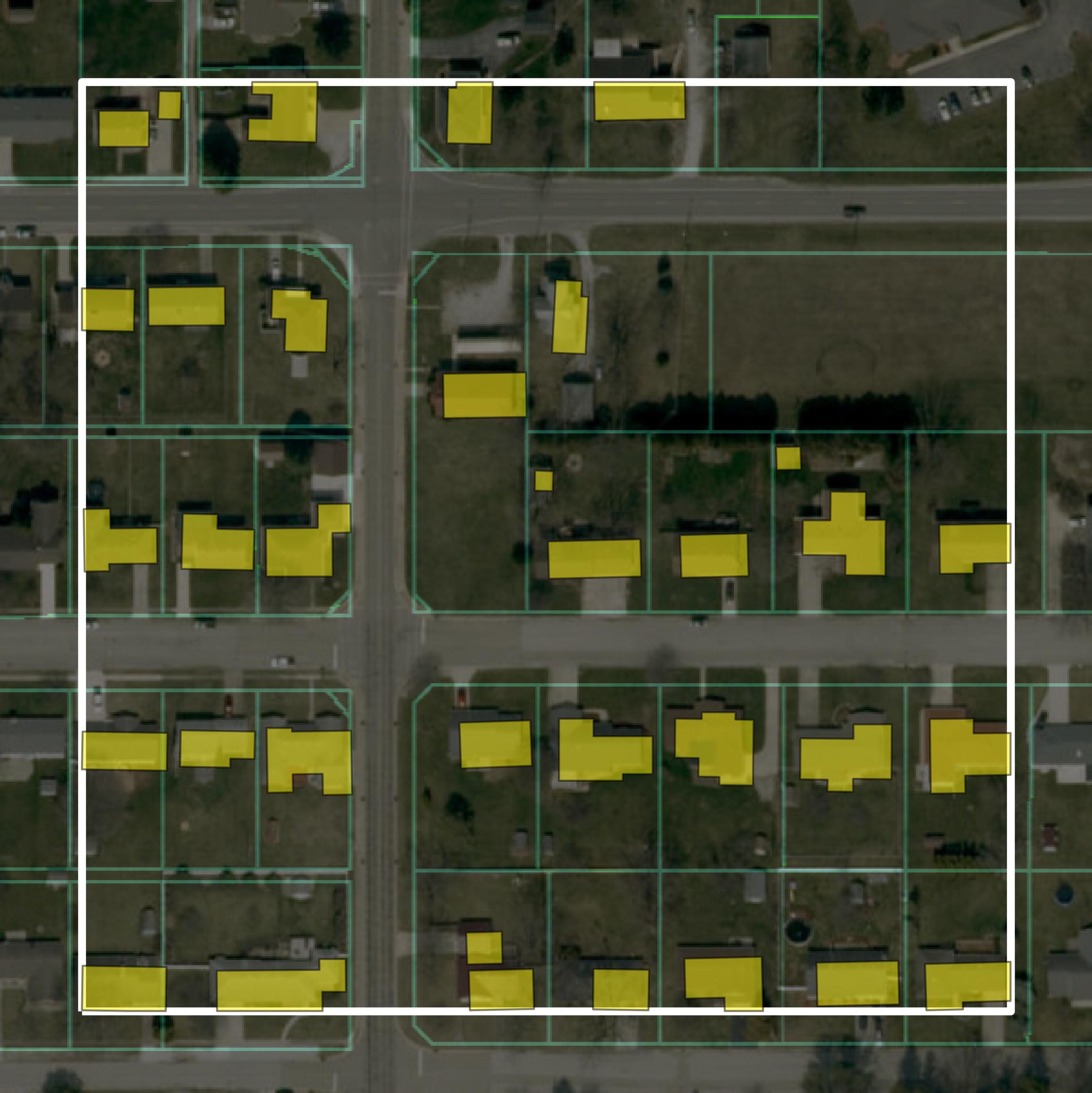 This image shows parcel and building data in Jasper County created using GIS data in Equator.