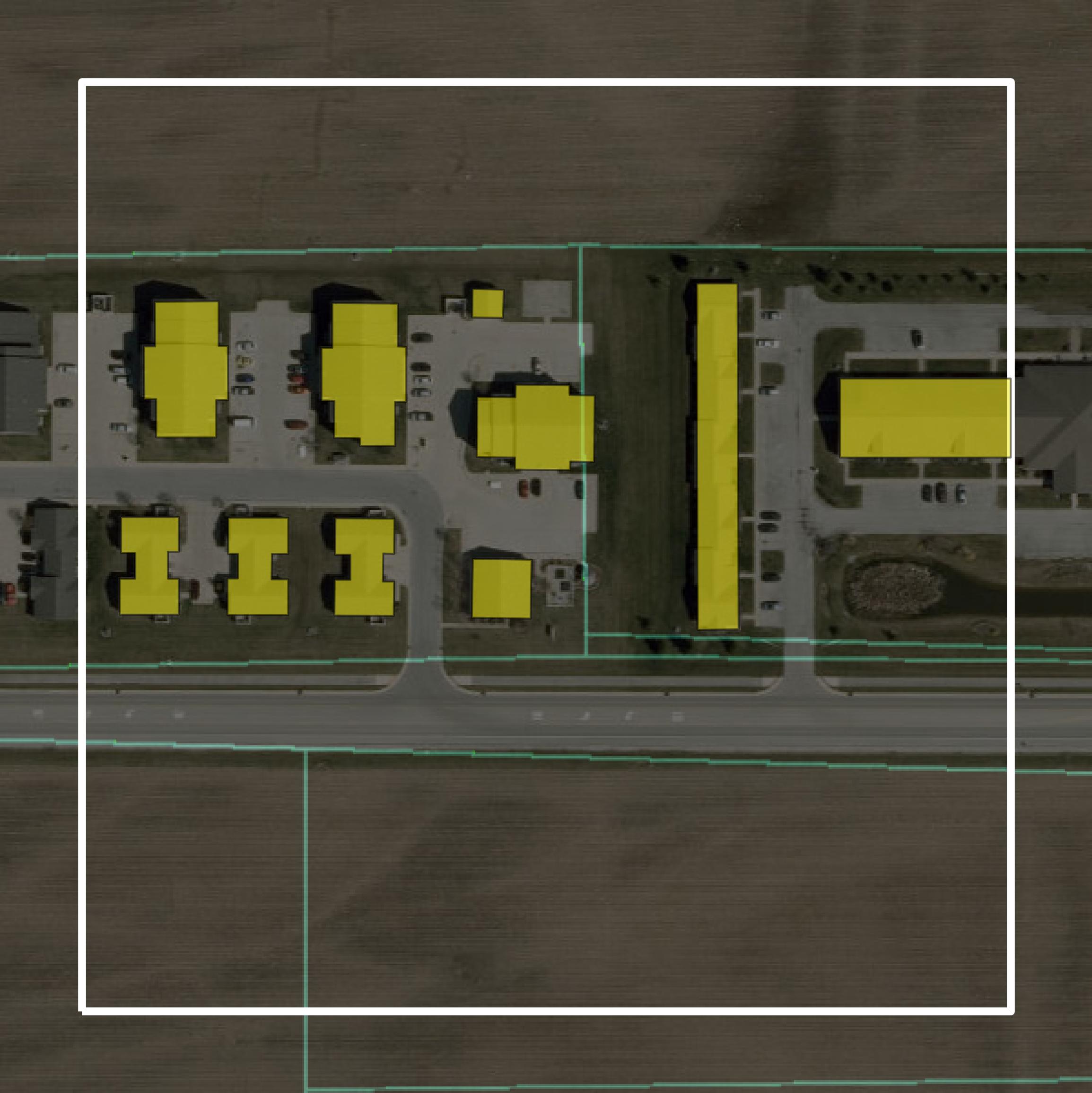 This image shows parcel and building data in Jay County created using GIS data in Equator.