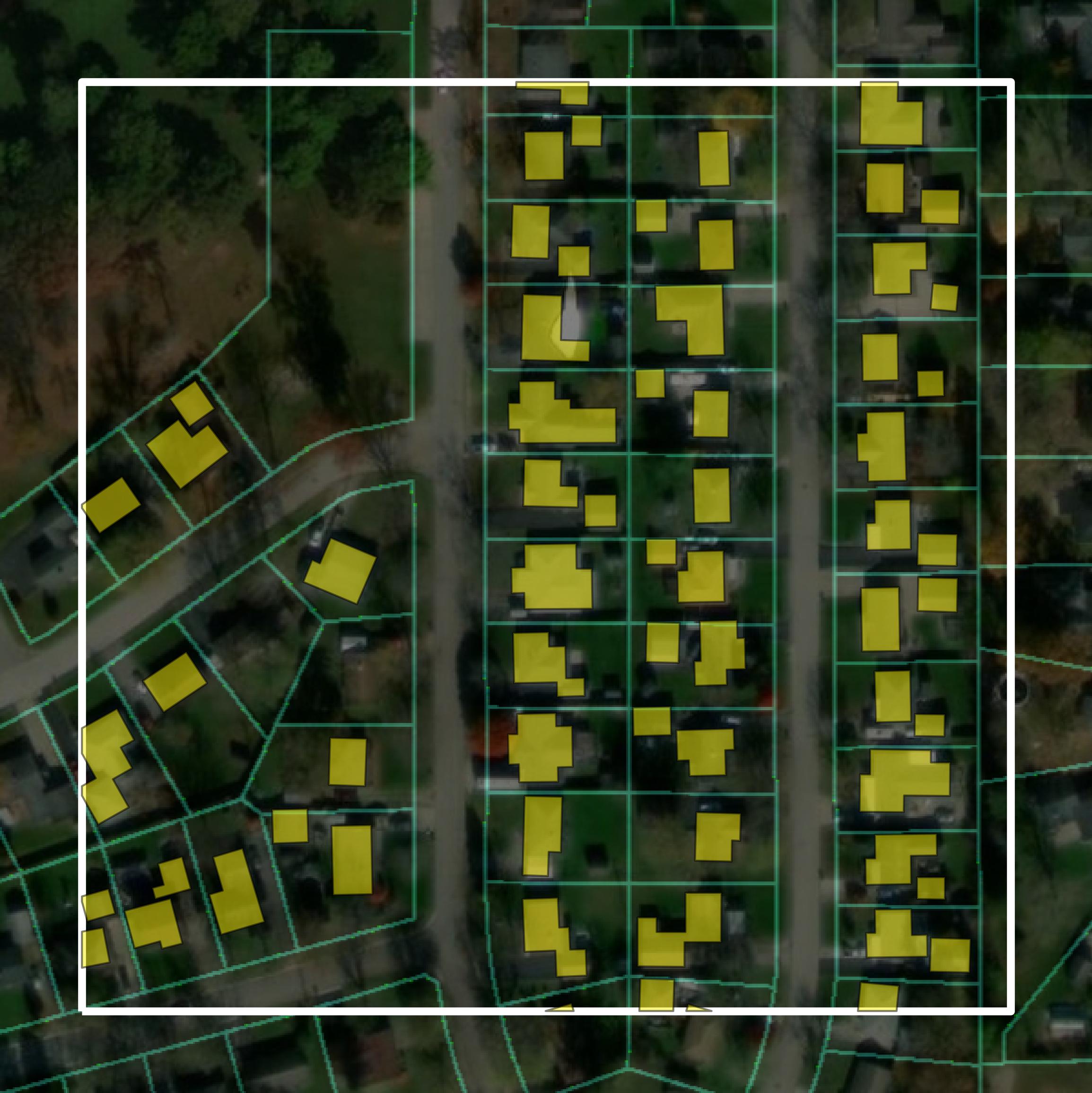 This image shows parcel and building data in Johnson County created using GIS data in Equator.