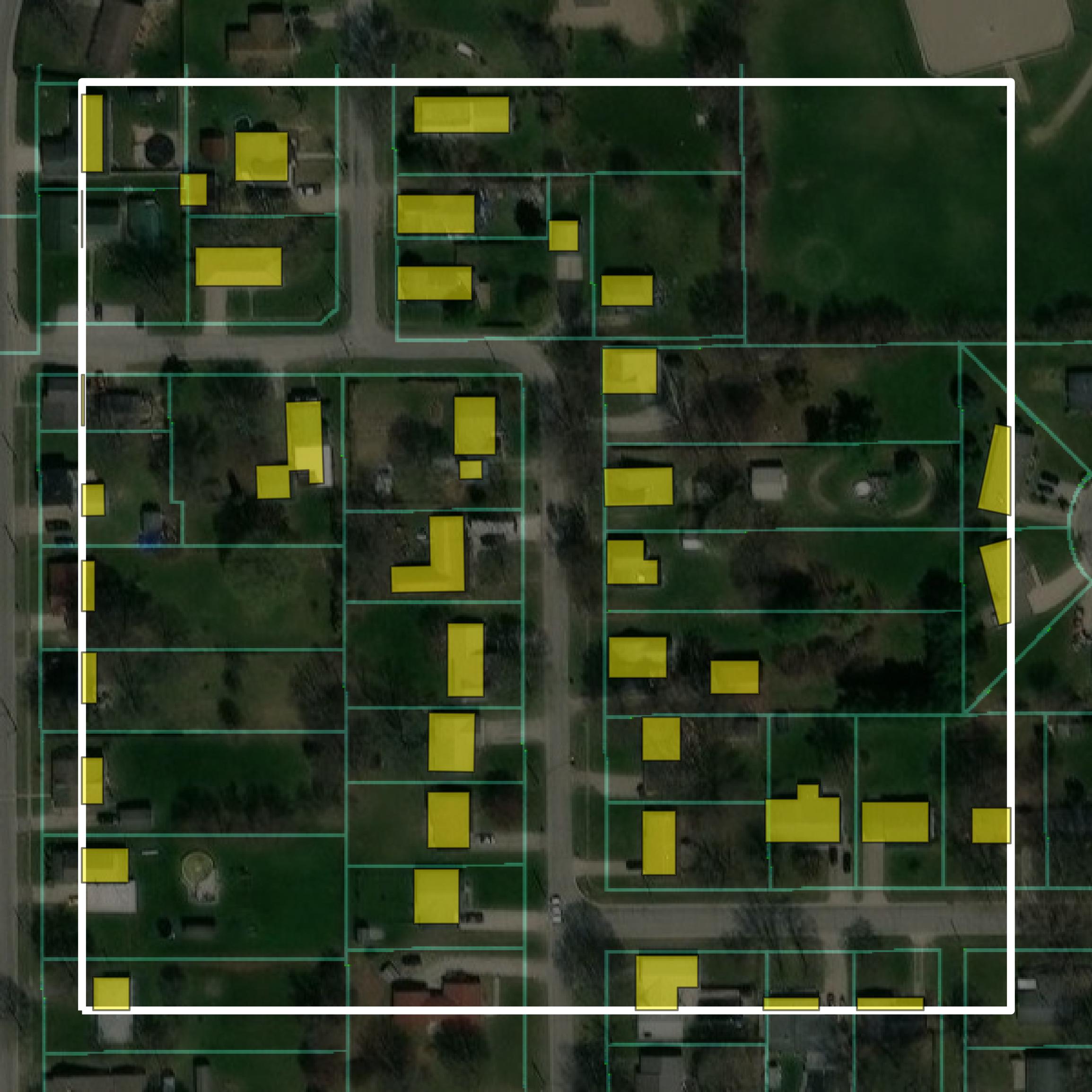 This image shows parcel and building data in LaGrange County created using GIS data in Equator.