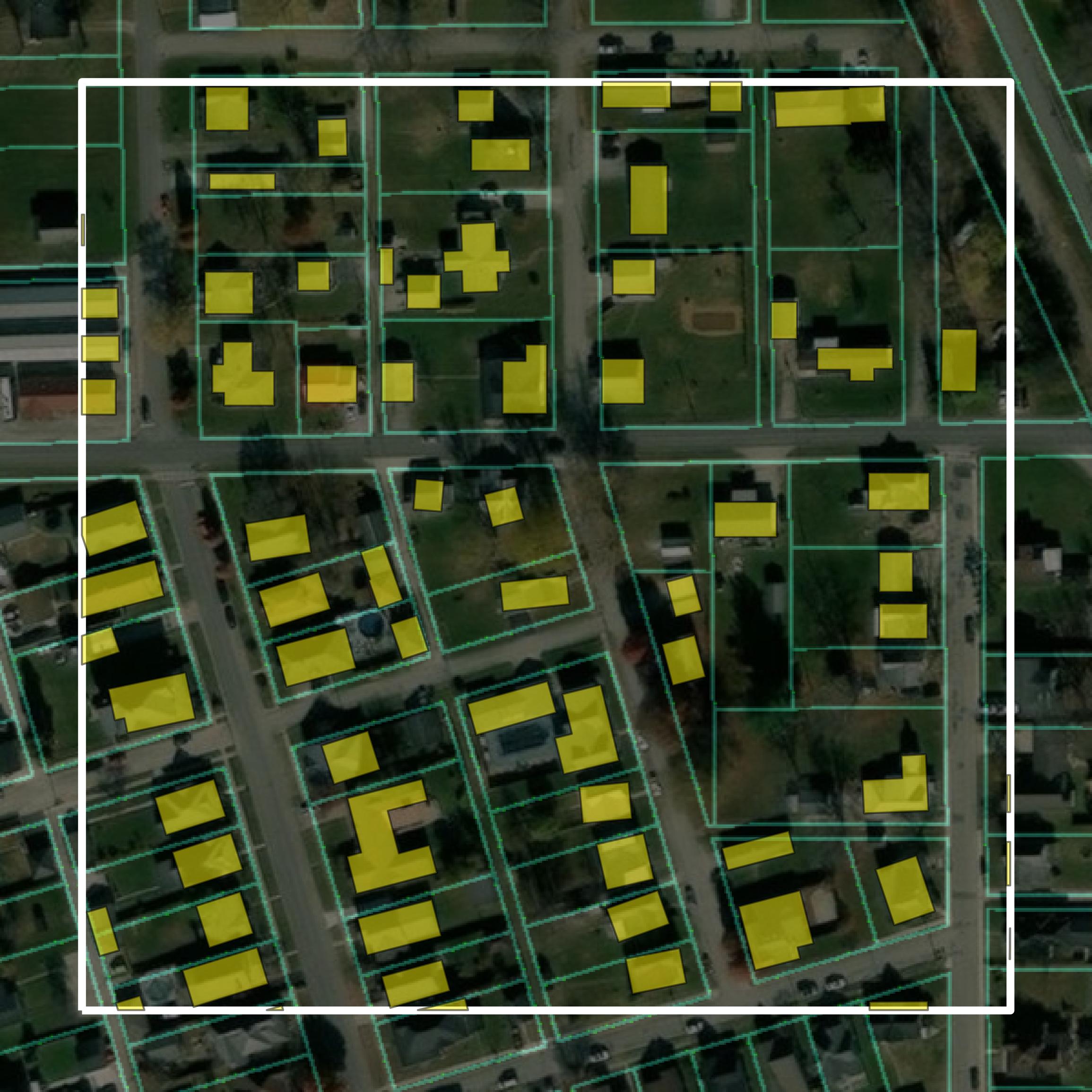 This image shows parcel and building data in Lawrence County created using GIS data in Equator.
