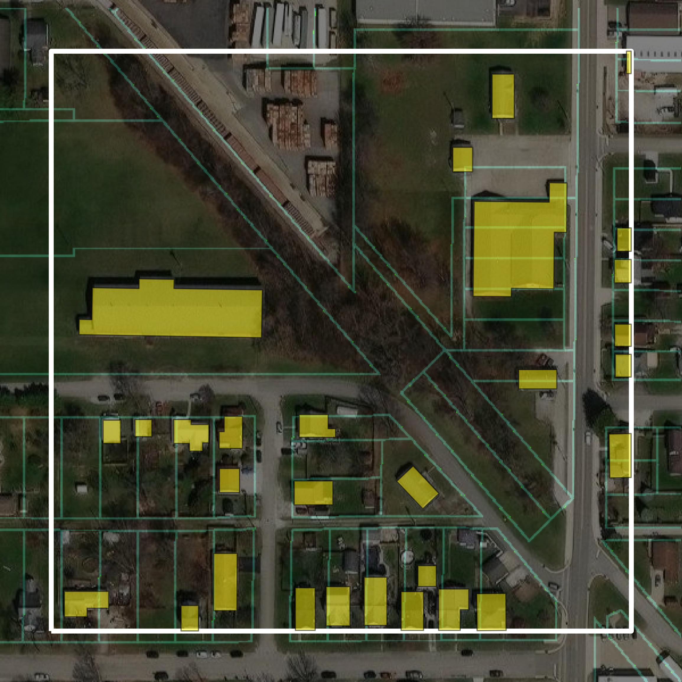 This image shows parcel and building data in Madison County created using GIS data in Equator.