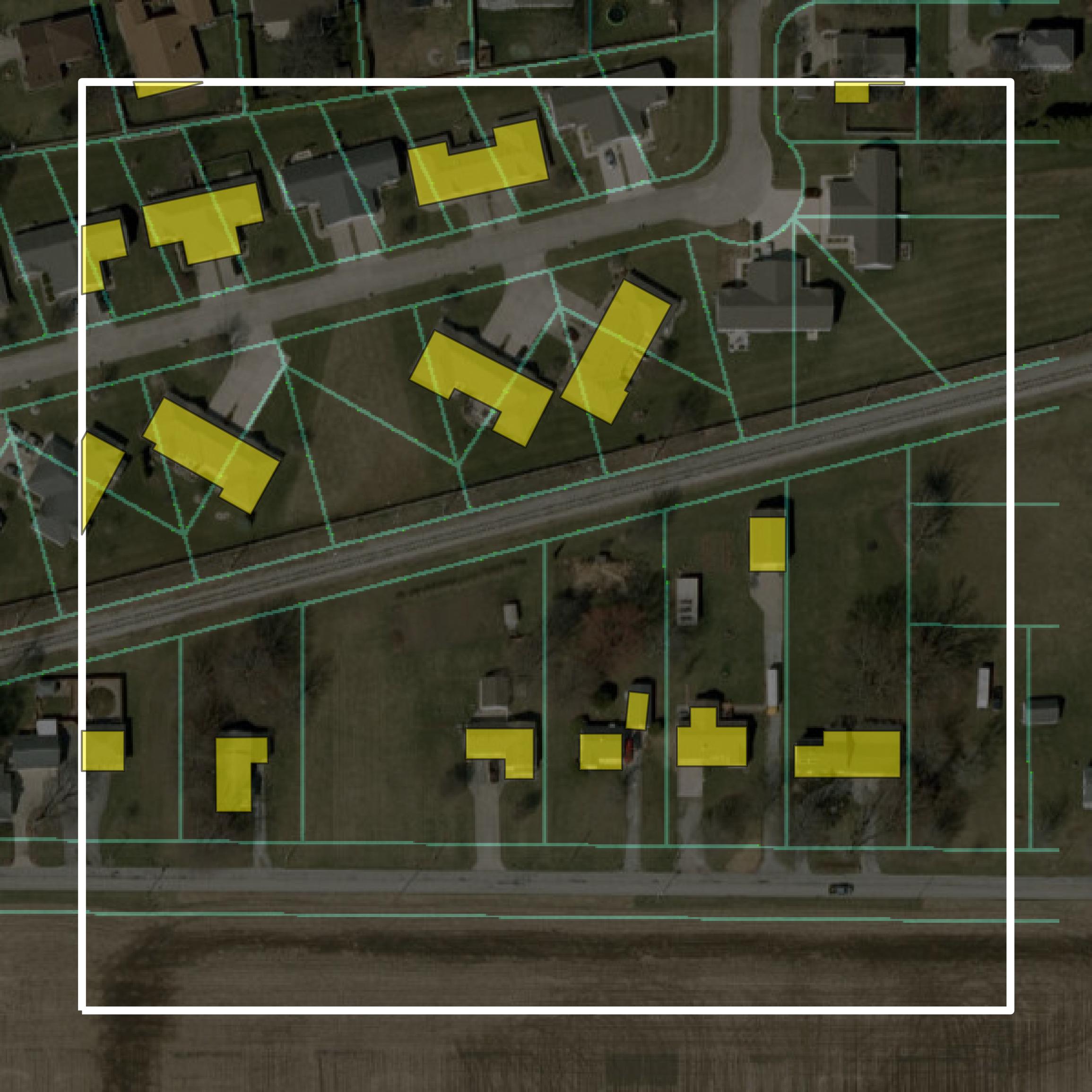 This image shows parcel and building data in Madison County created using GIS data in Equator.