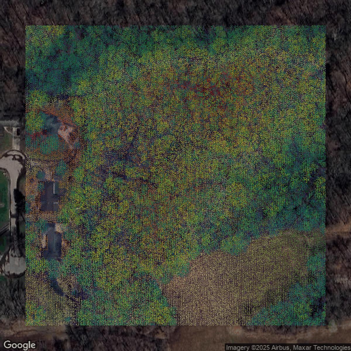 This image shows a LiDAR point cloud in Marion County created using GIS data in Equator.