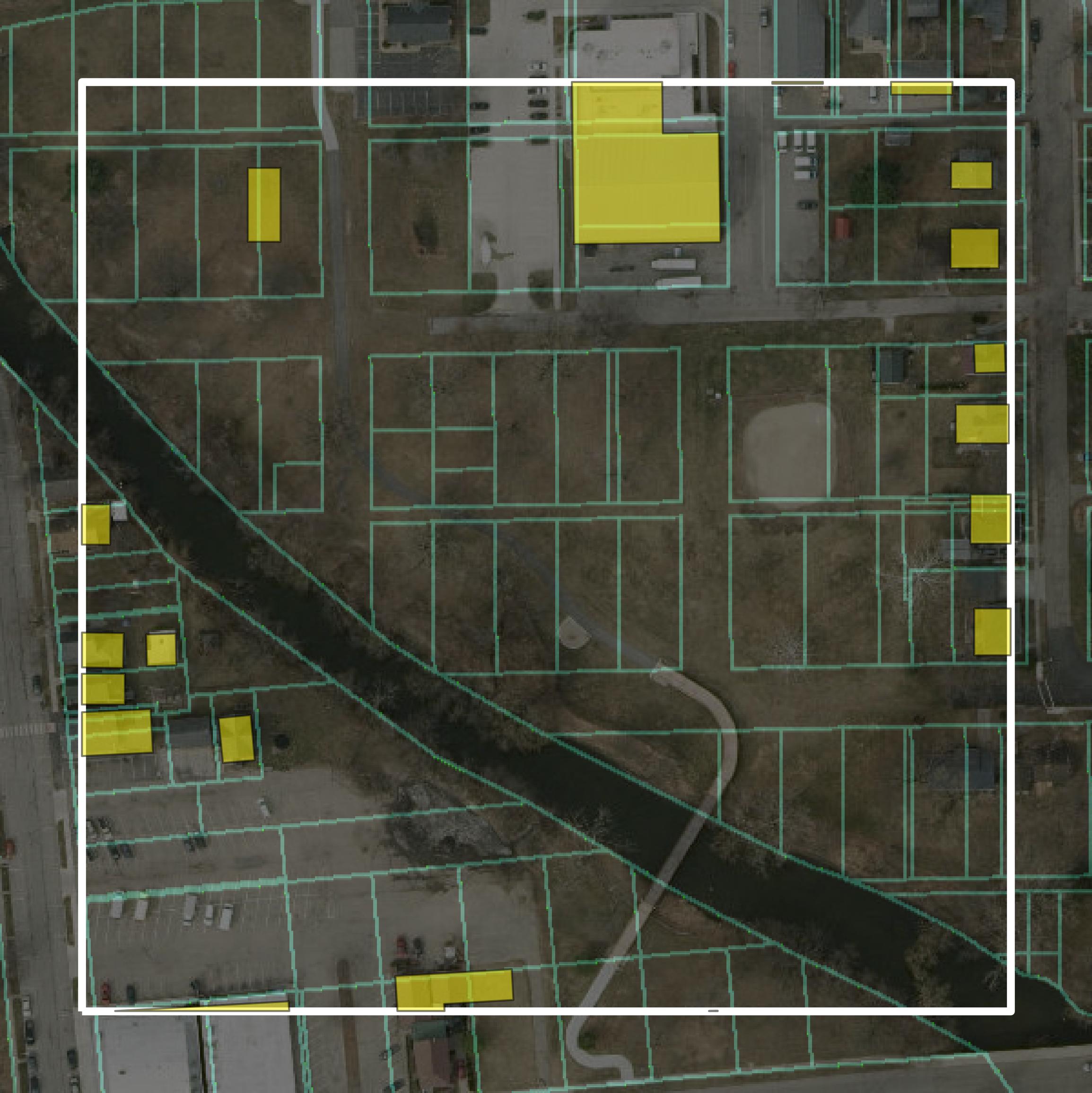 This image shows parcel and building data in Marshall County created using GIS data in Equator.