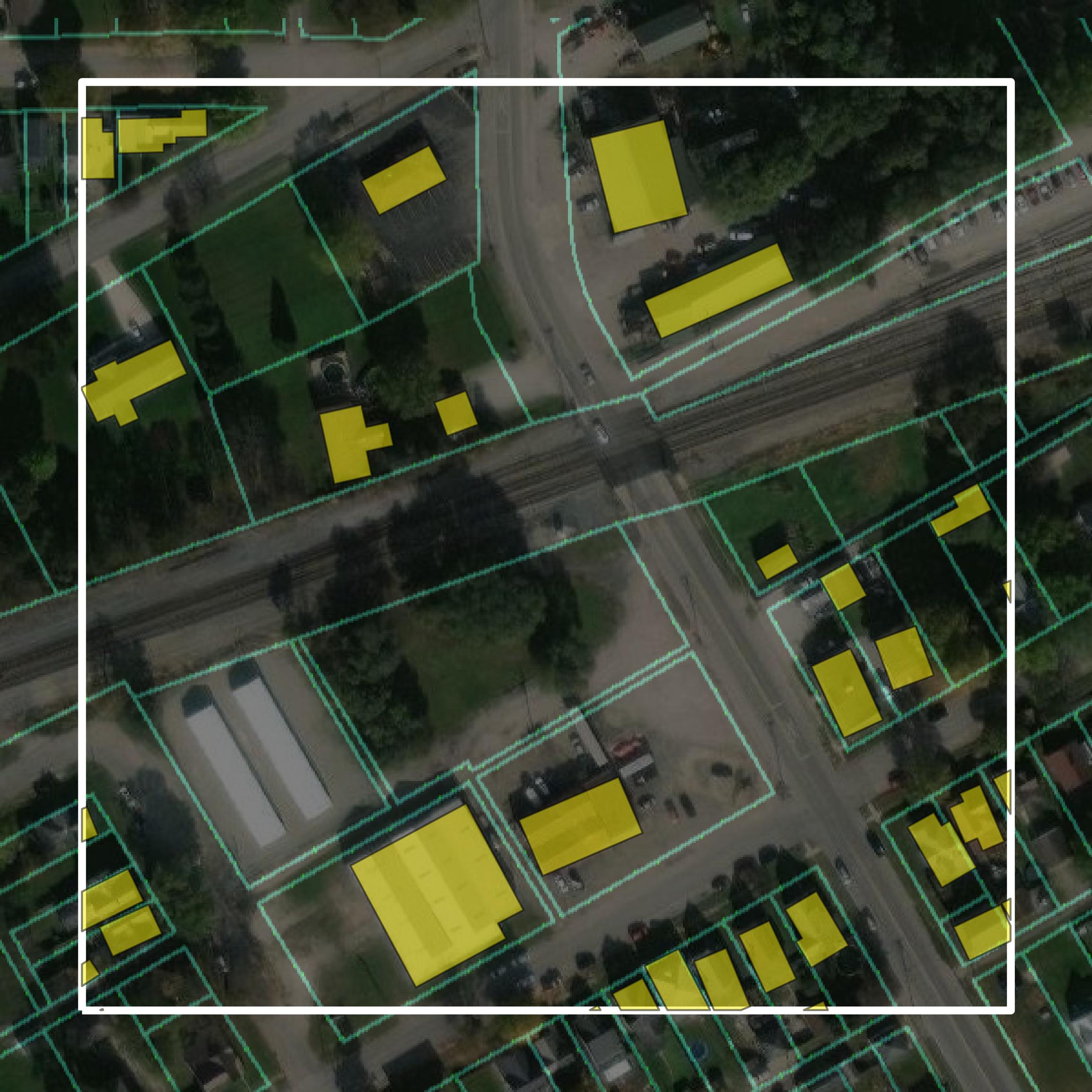 This image shows parcel and building data in Miami County created using GIS data in Equator.
