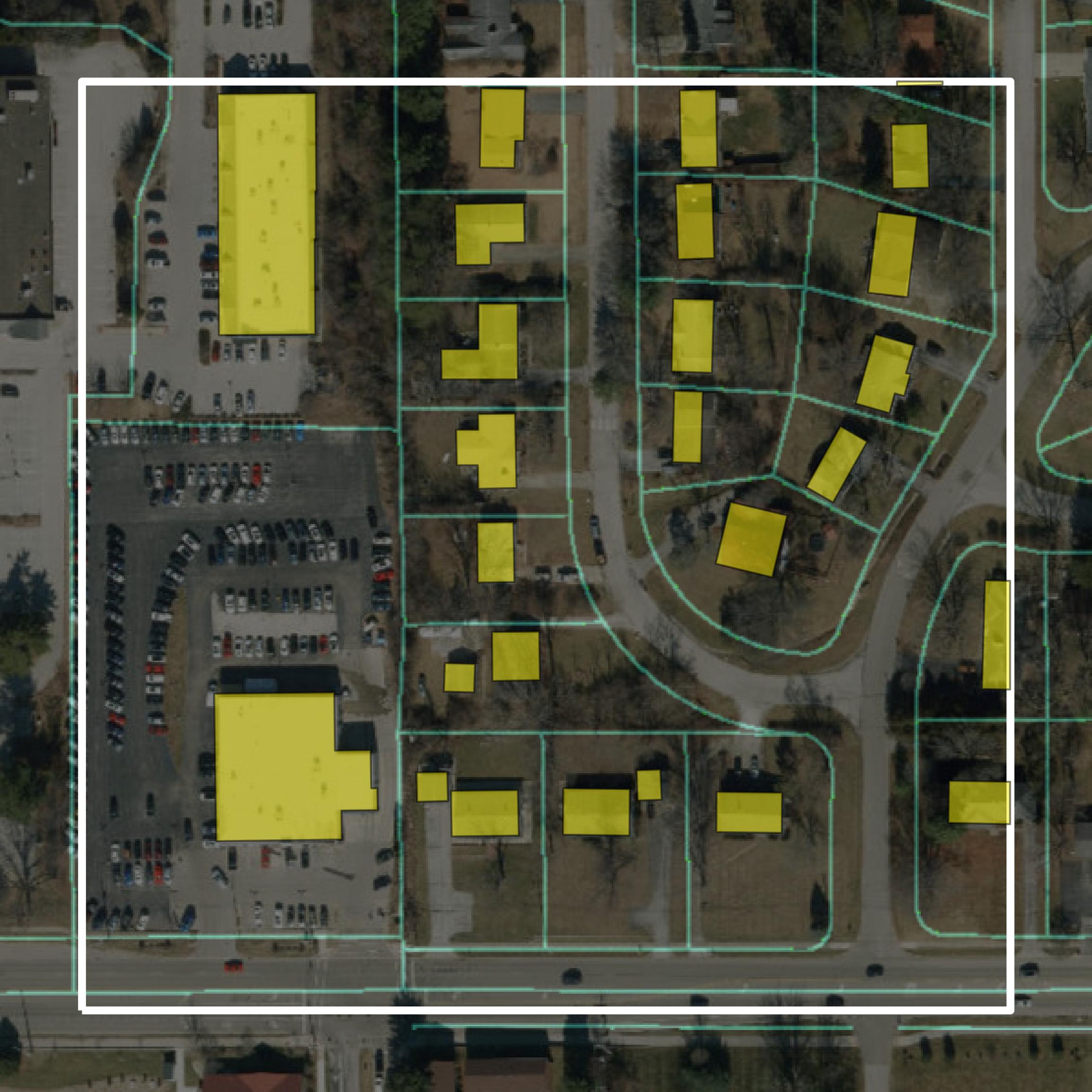 This image shows parcel and building data in Monroe County created using GIS data in Equator.