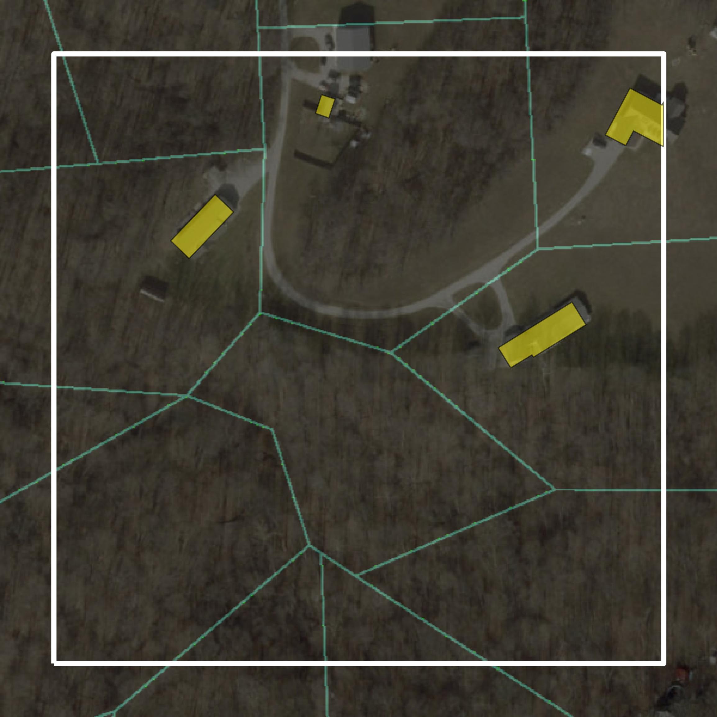 This image shows parcel and building data in Owen County created using GIS data in Equator.