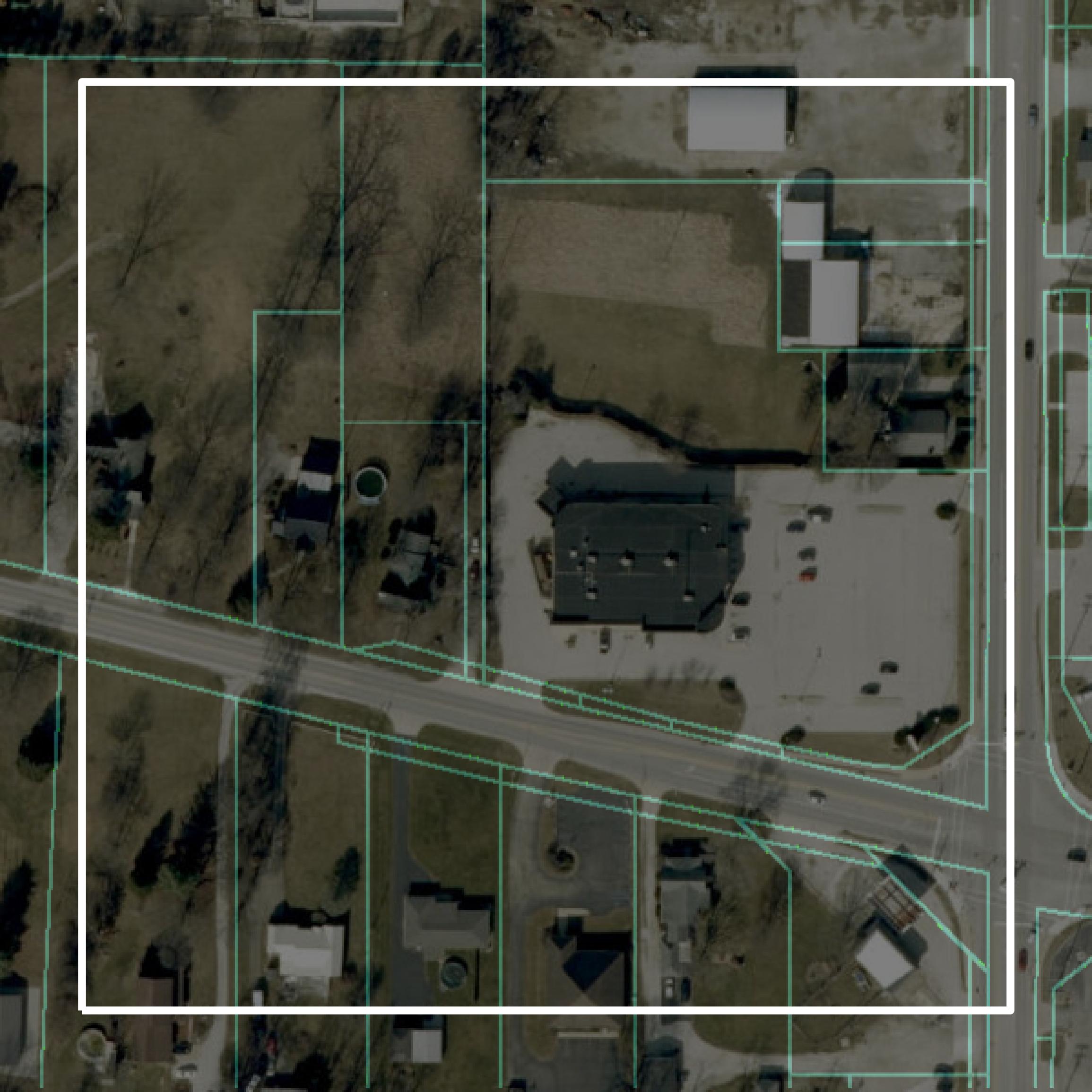 This image shows parcel and building data in Parke County created using GIS data in Equator.
