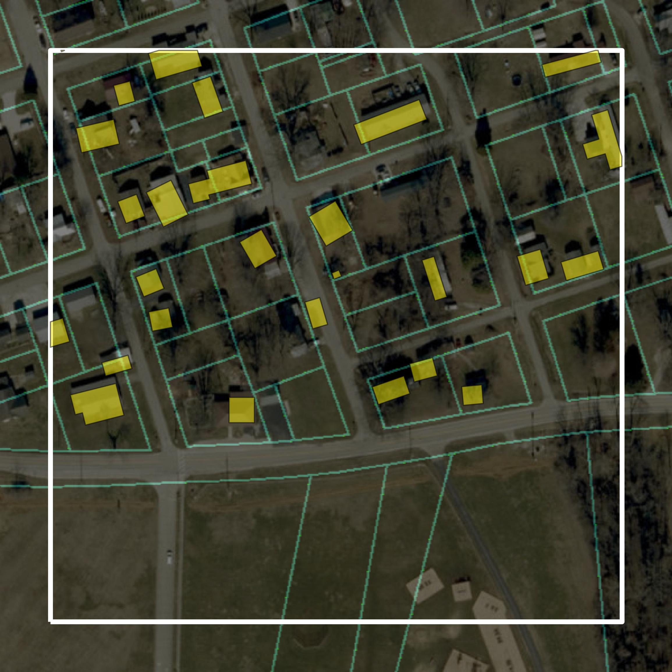This image shows parcel and building data in Pike County created using GIS data in Equator.