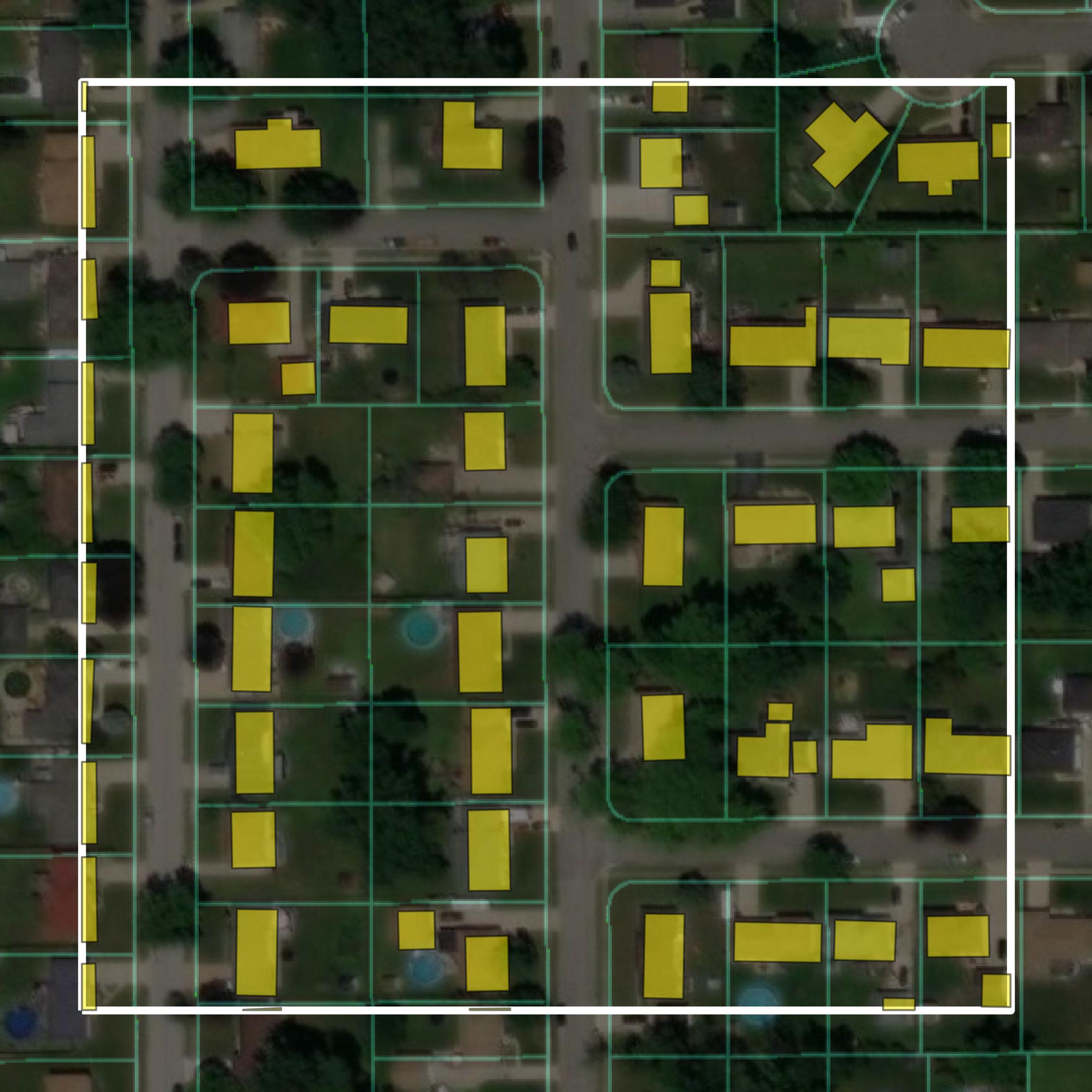 This image shows parcel and building data in Porter County created using GIS data in Equator.