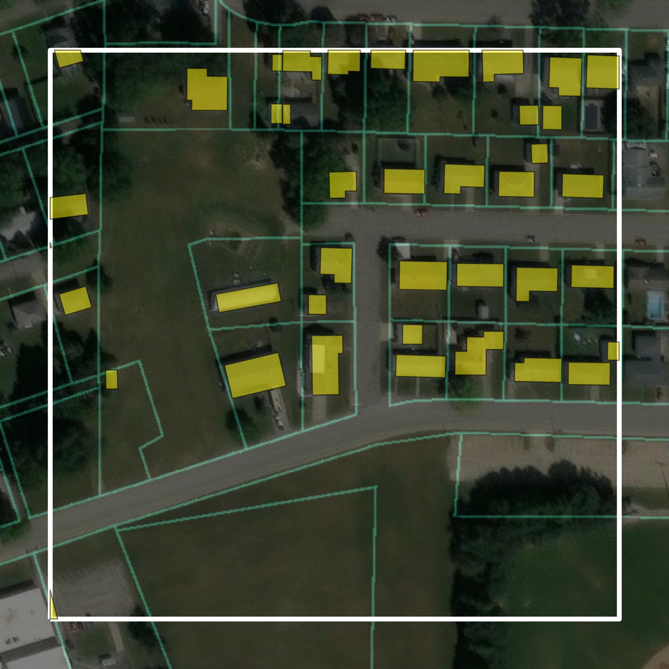 This image shows parcel and building data in Posey County created using GIS data in Equator.
