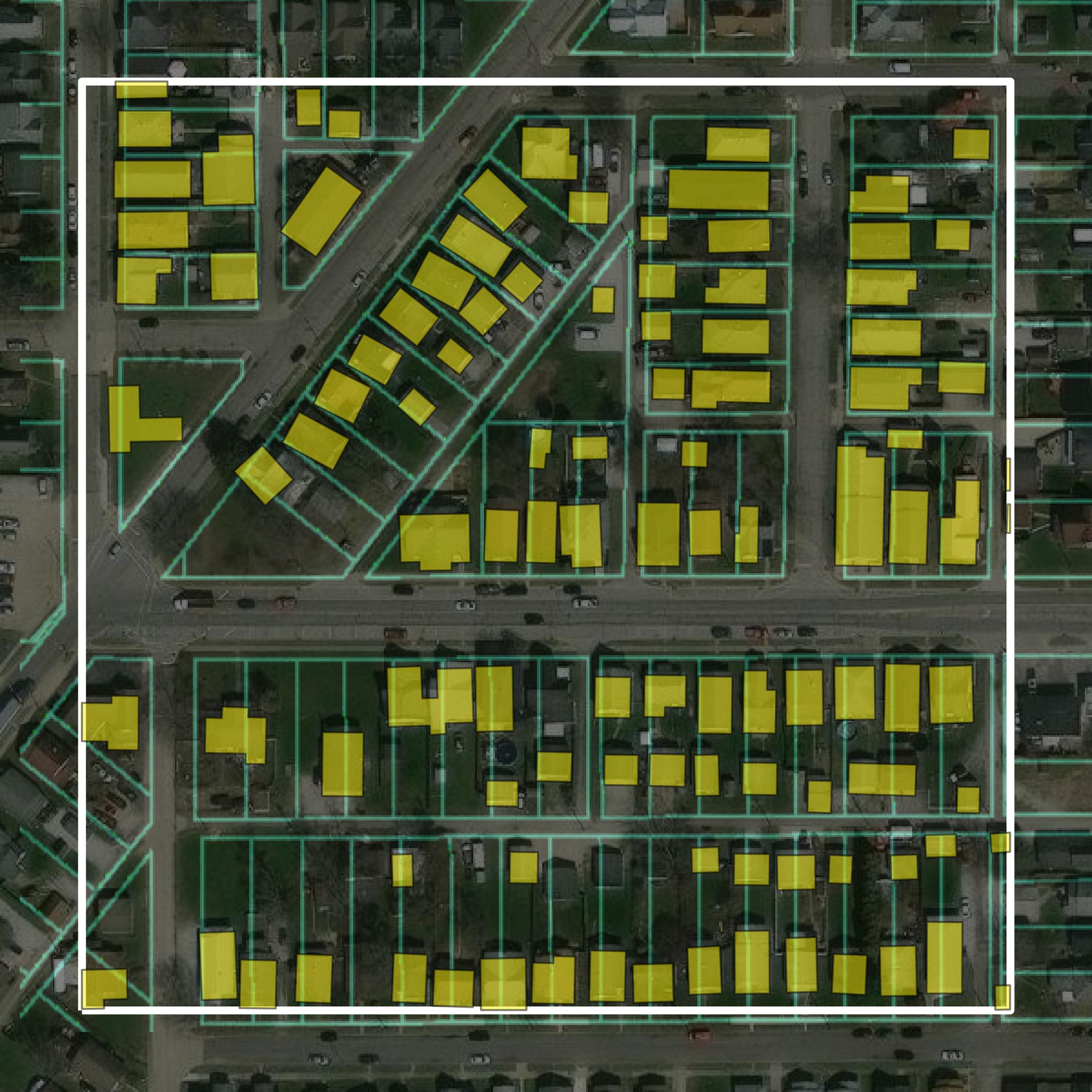 This image shows parcel and building data in Shelby County created using GIS data in Equator.