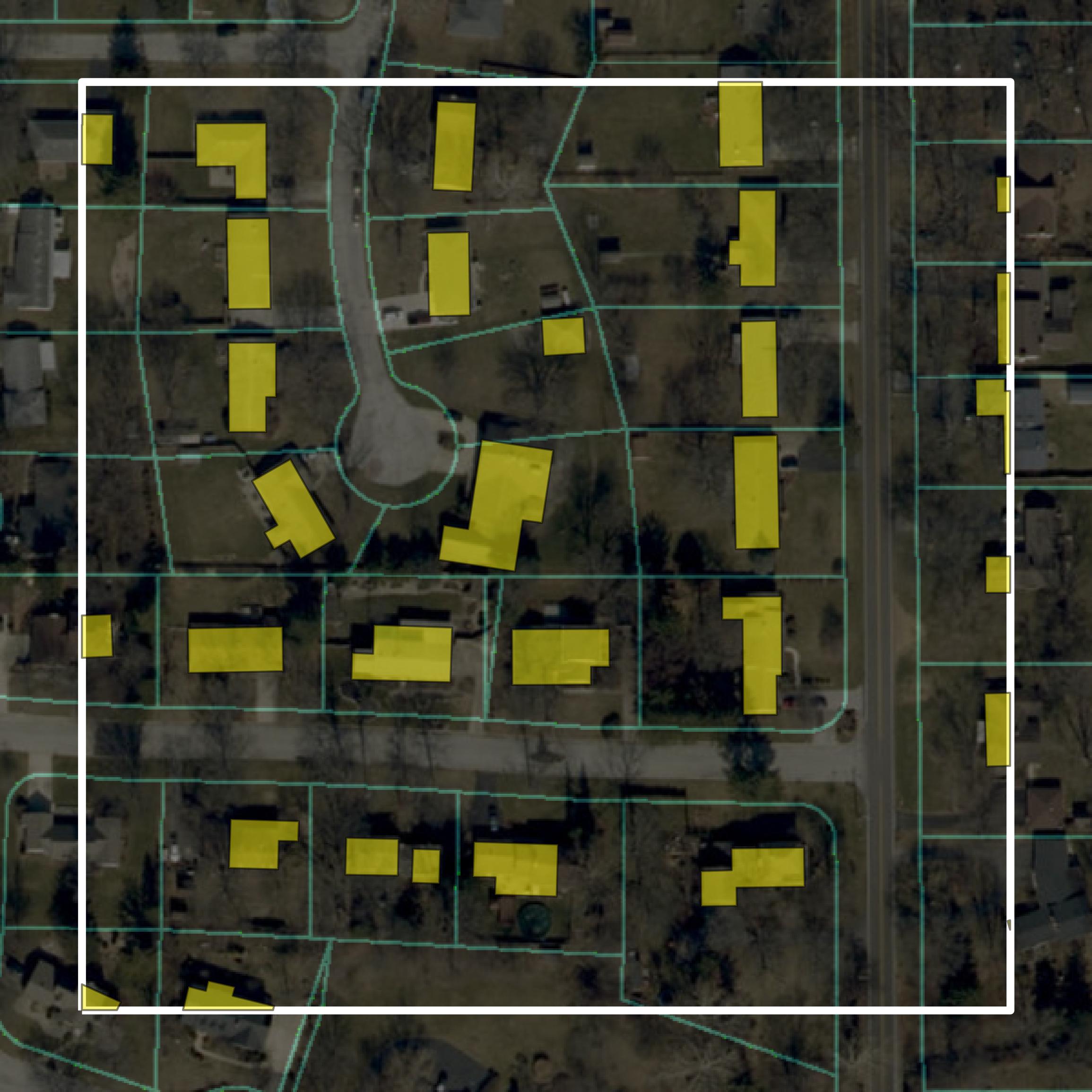 This image shows parcel and building data in Tippecanoe County created using GIS data in Equator.