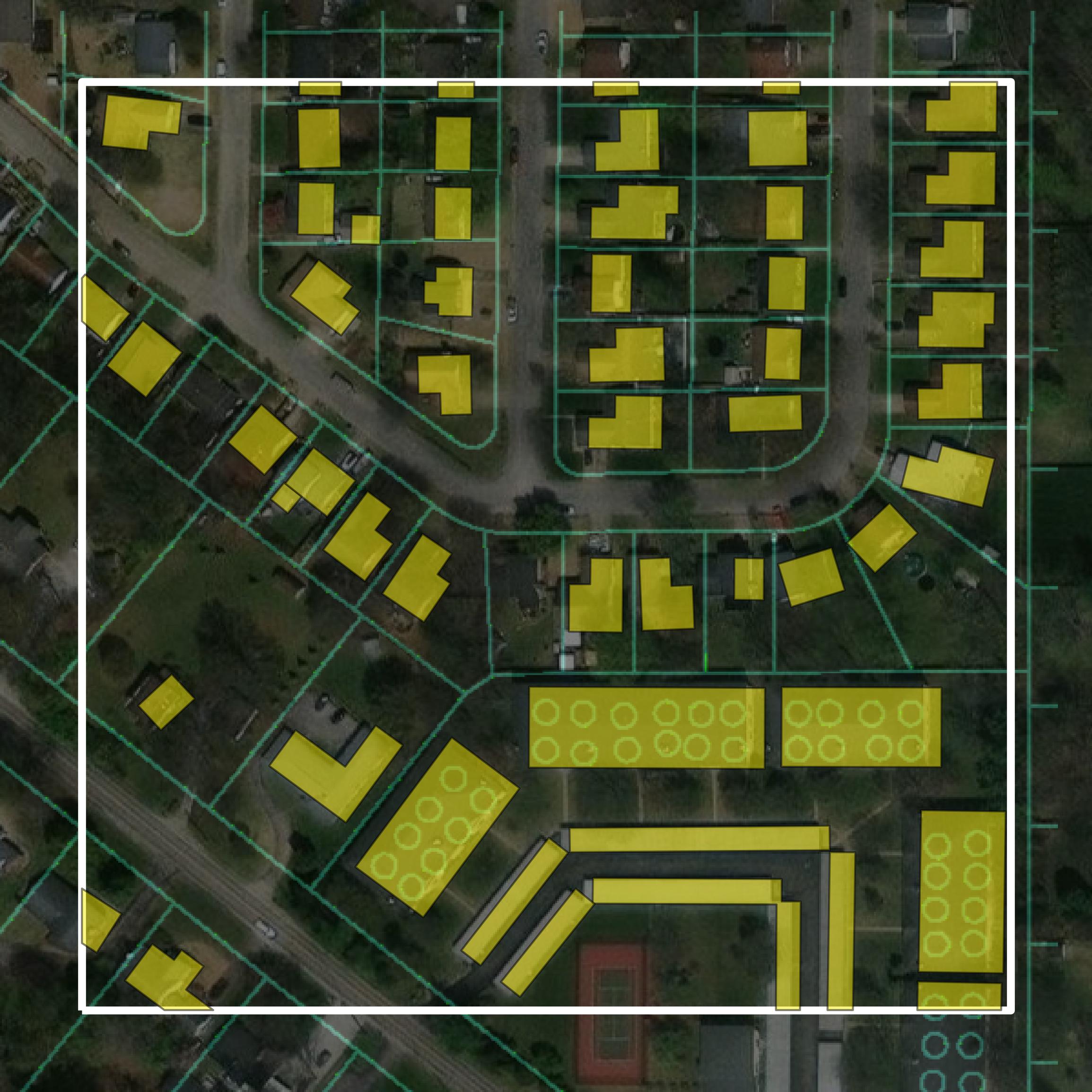 This image shows parcel and building data in Vanderburgh County created using GIS data in Equator.