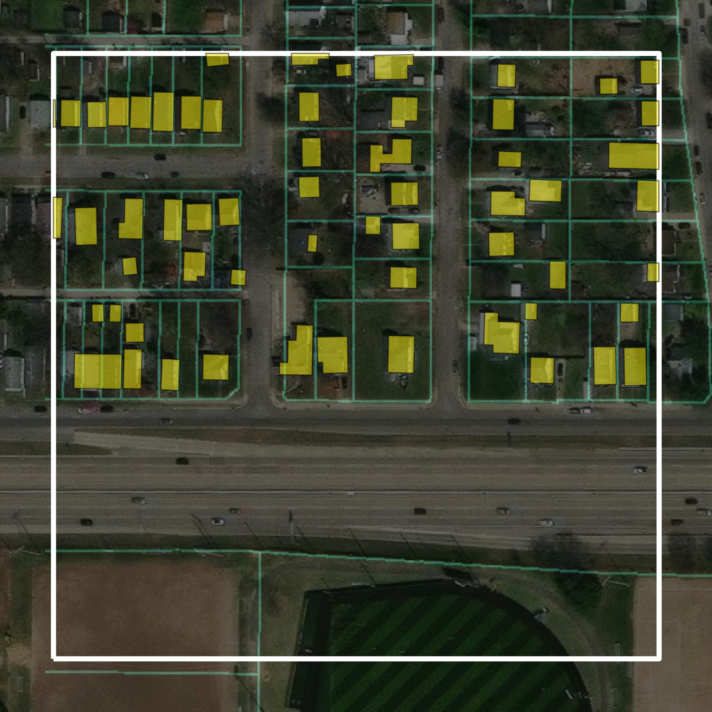This image shows parcel and building data in Vanderburgh County created using GIS data in Equator.