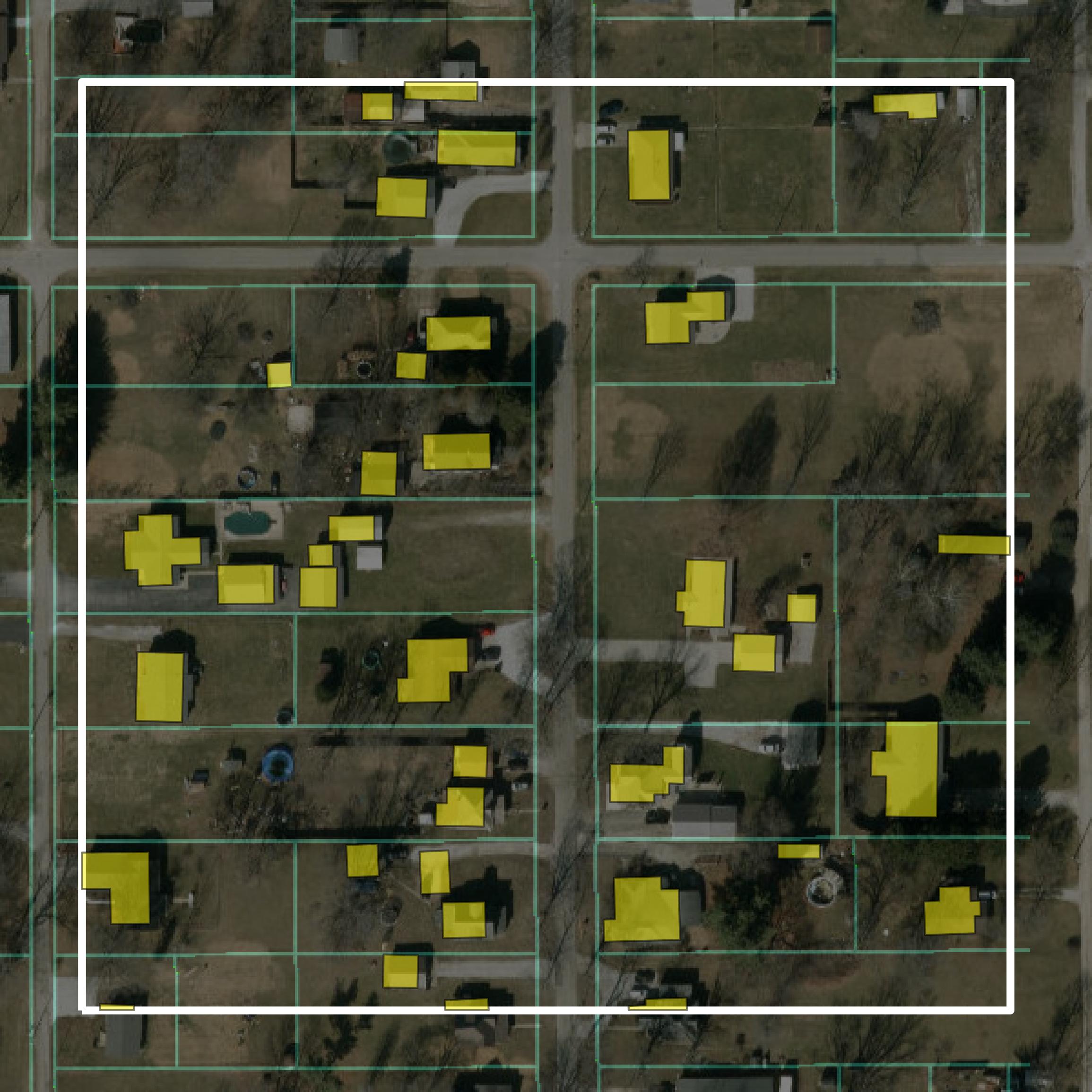 This image shows parcel and building data in Vermillion County created using GIS data in Equator.
