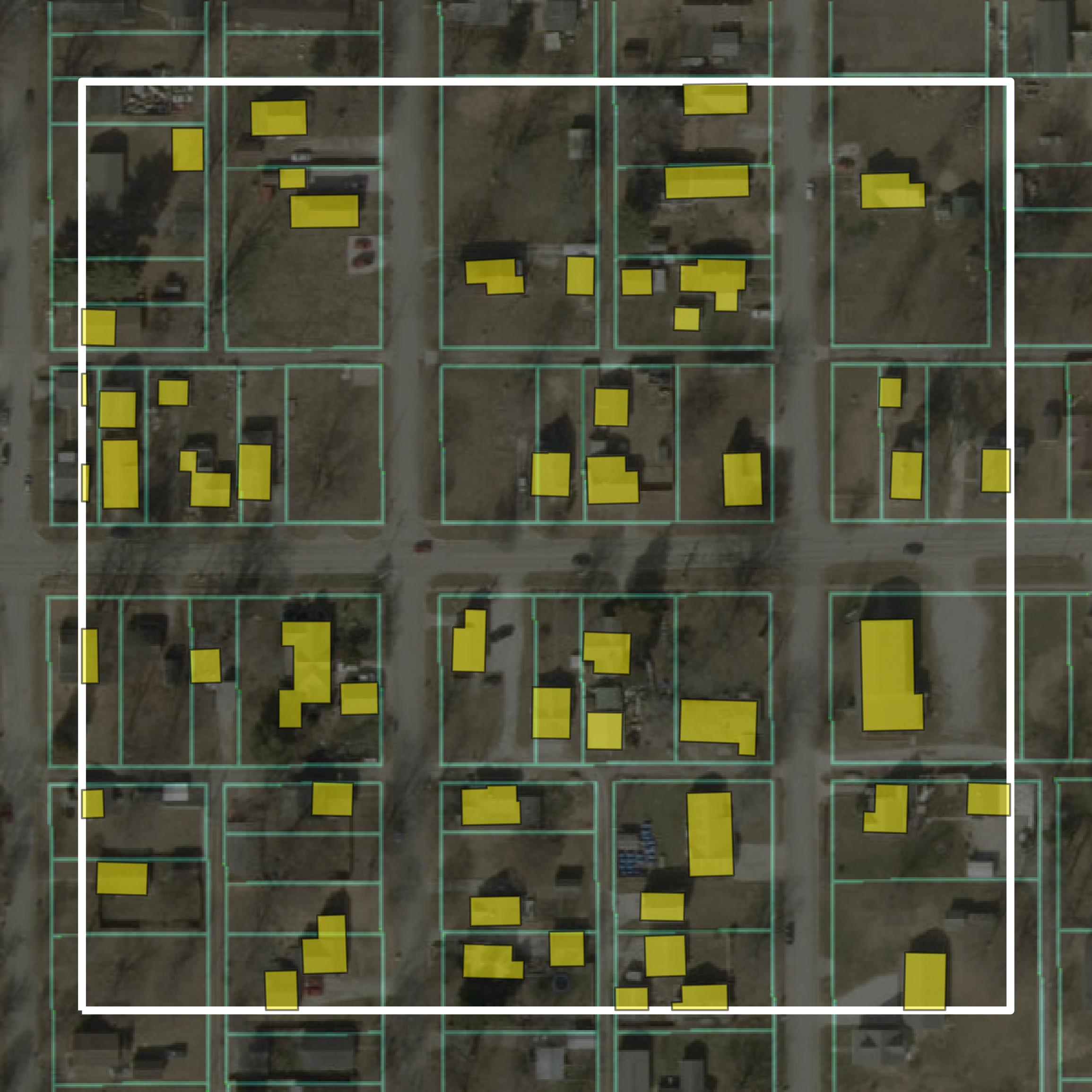 This image shows parcel and building data in Vigo County created using GIS data in Equator.