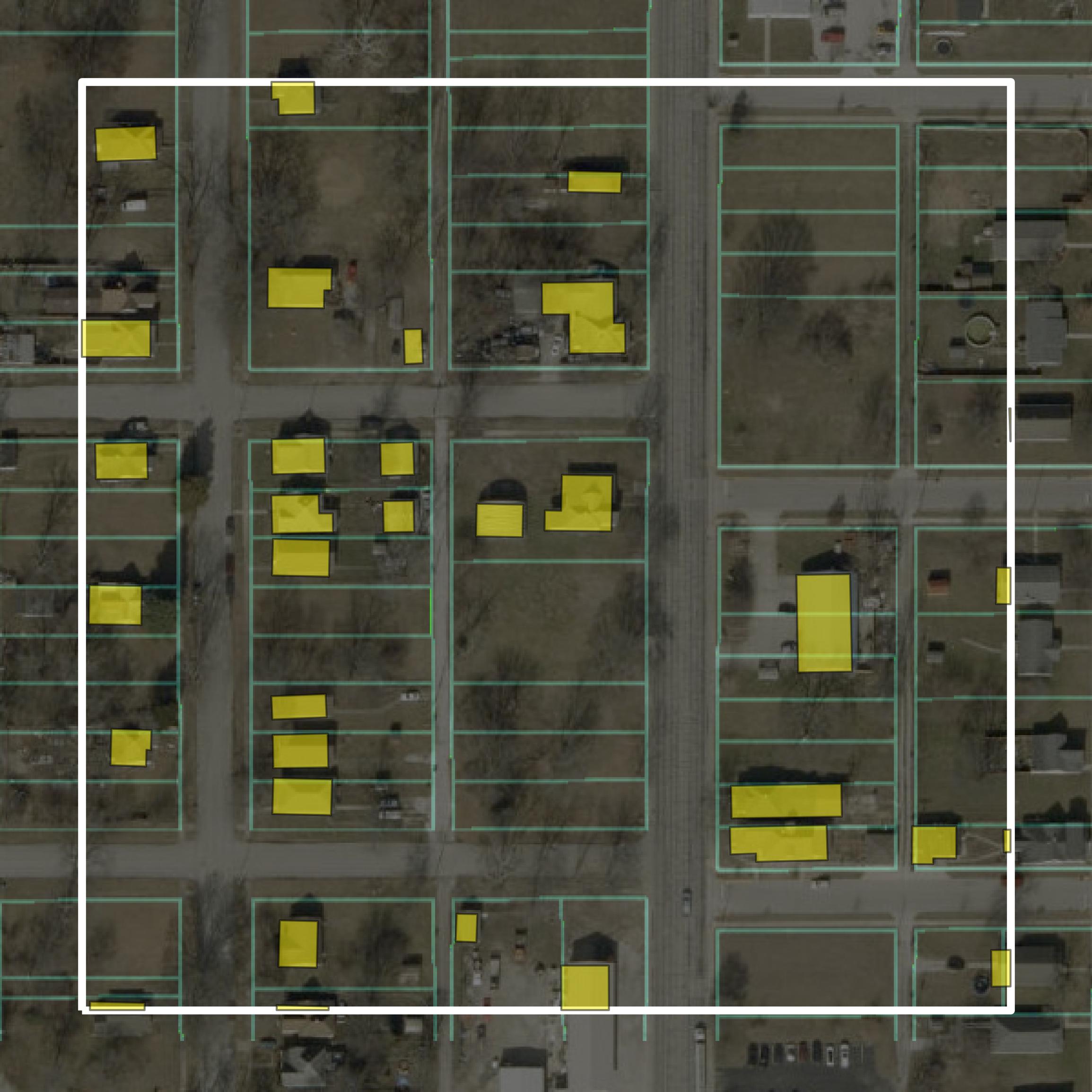 This image shows parcel and building data in Vigo County created using GIS data in Equator.