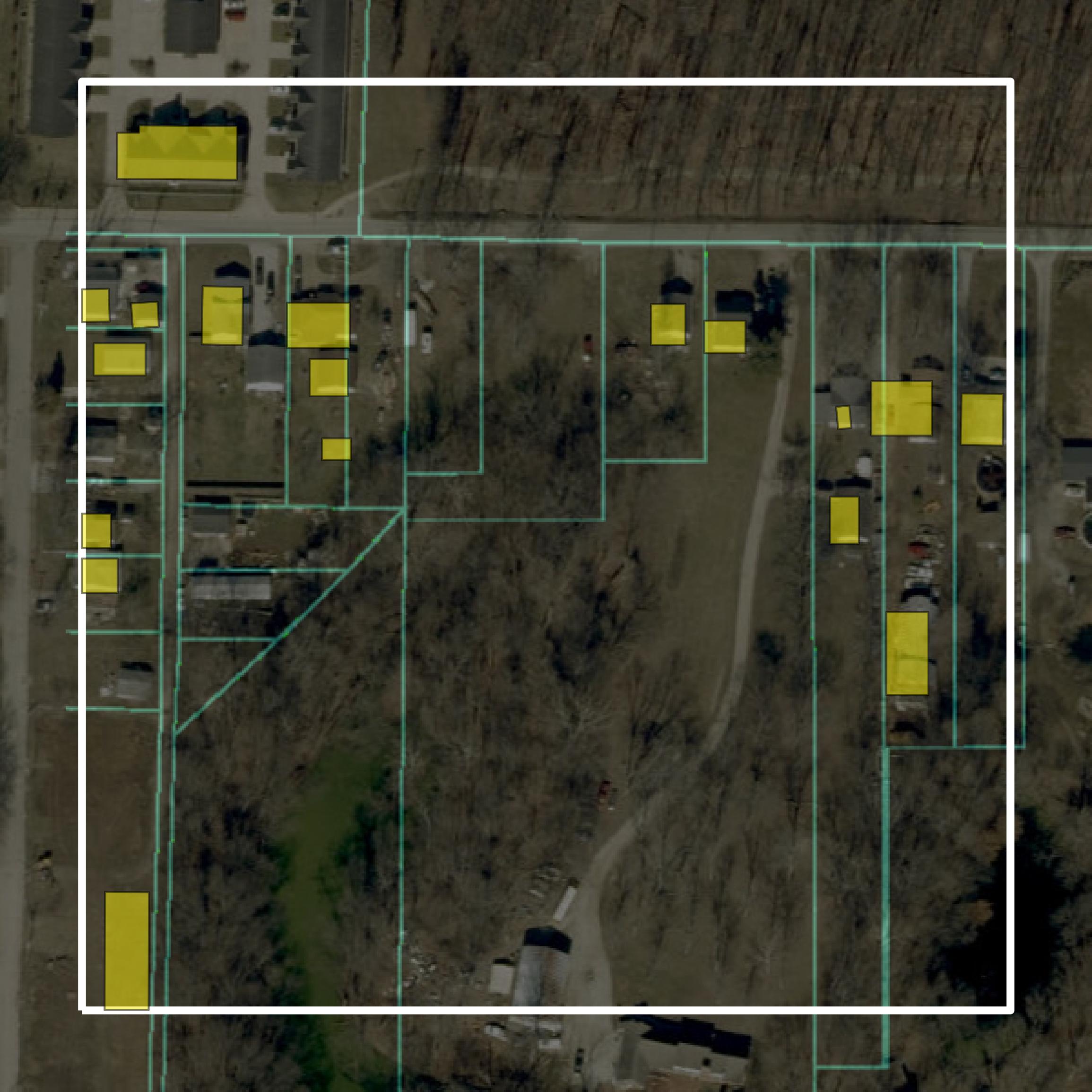This image shows parcel and building data in Warrick County created using GIS data in Equator.