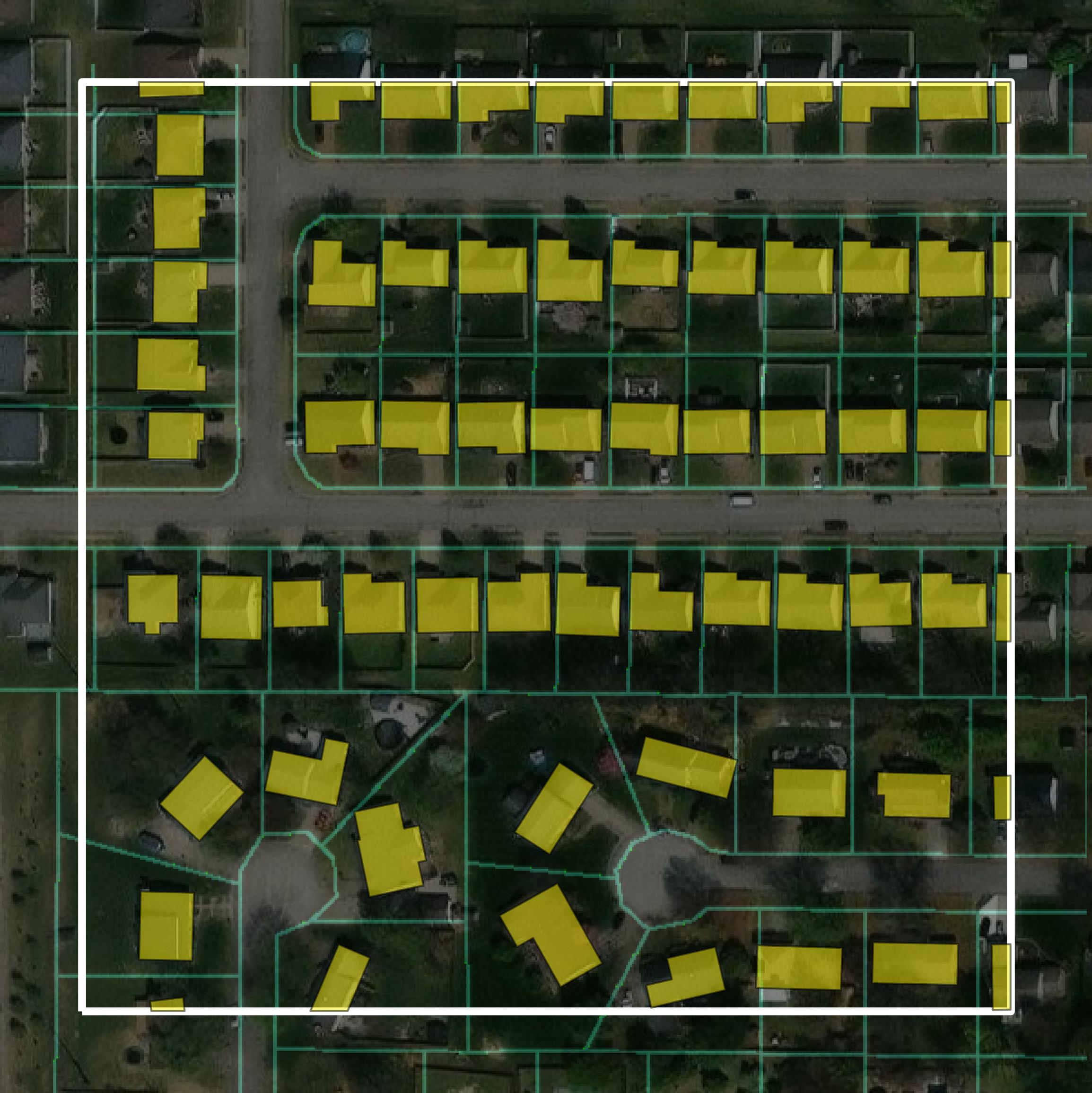 This image shows parcel and building data in Warrick County created using GIS data in Equator.