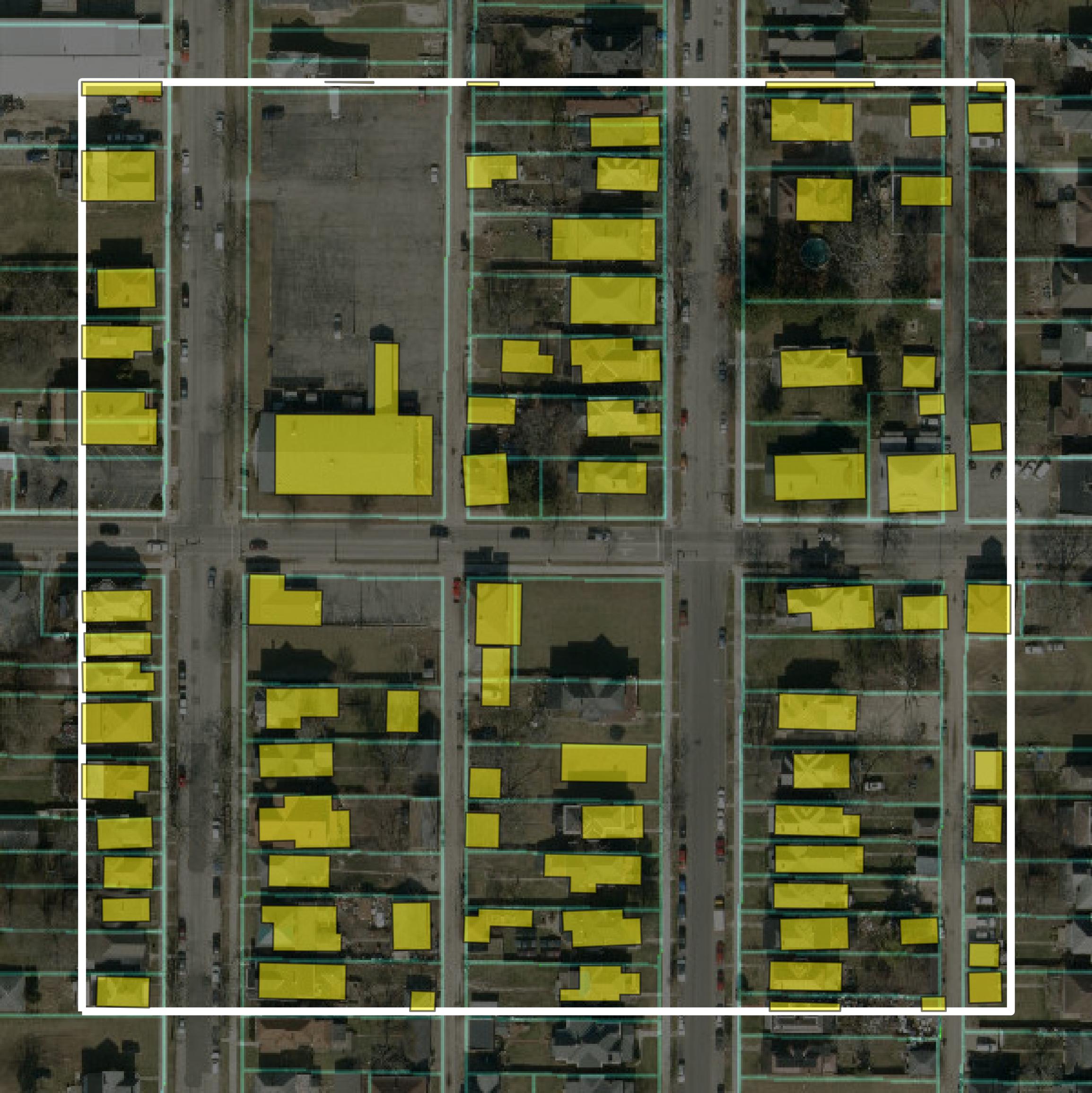 This image shows parcel and building data in Wayne County created using GIS data in Equator.