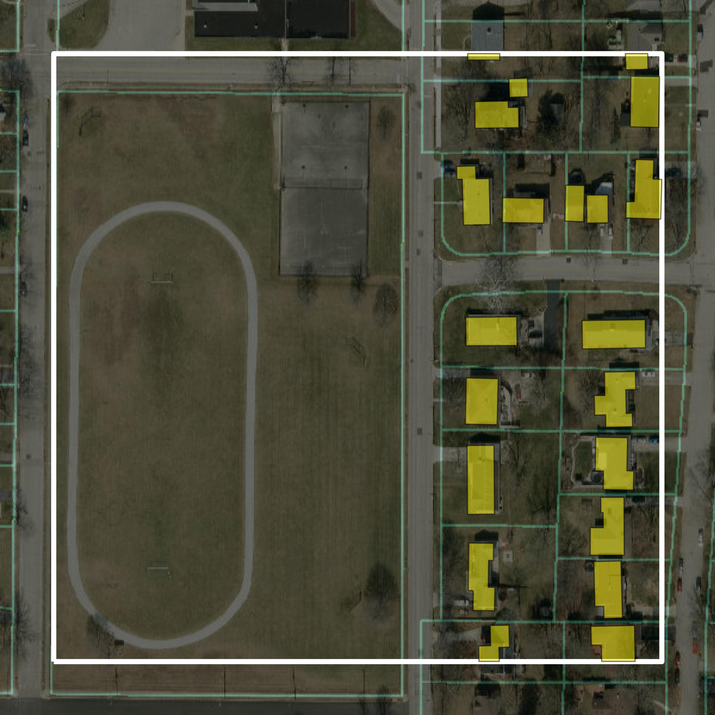 This image shows parcel and building data in Wayne County created using GIS data in Equator.