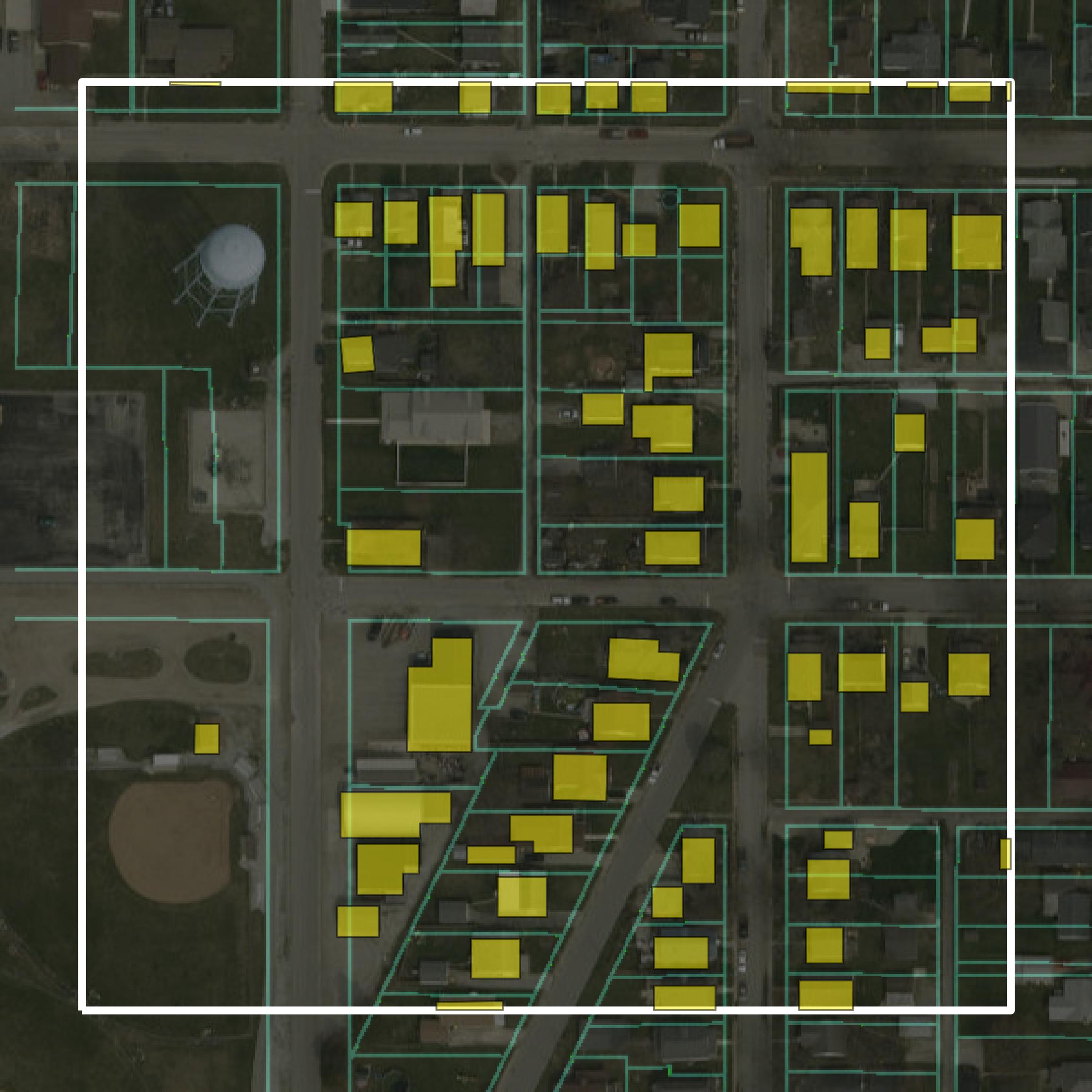 This image shows parcel and building data in Wells County created using GIS data in Equator.