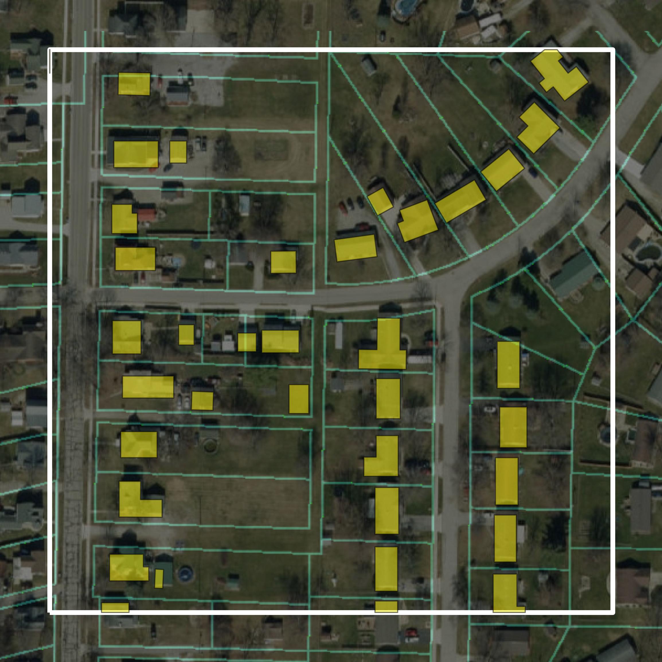 This image shows parcel and building data in Whitley County created using GIS data in Equator.