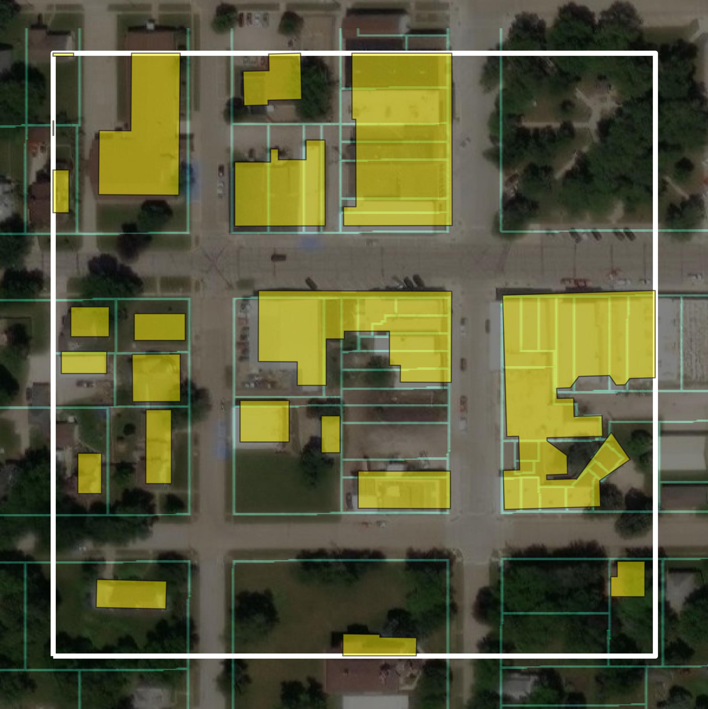 This image shows parcel and building data in Calhoun County created using GIS data in Equator.