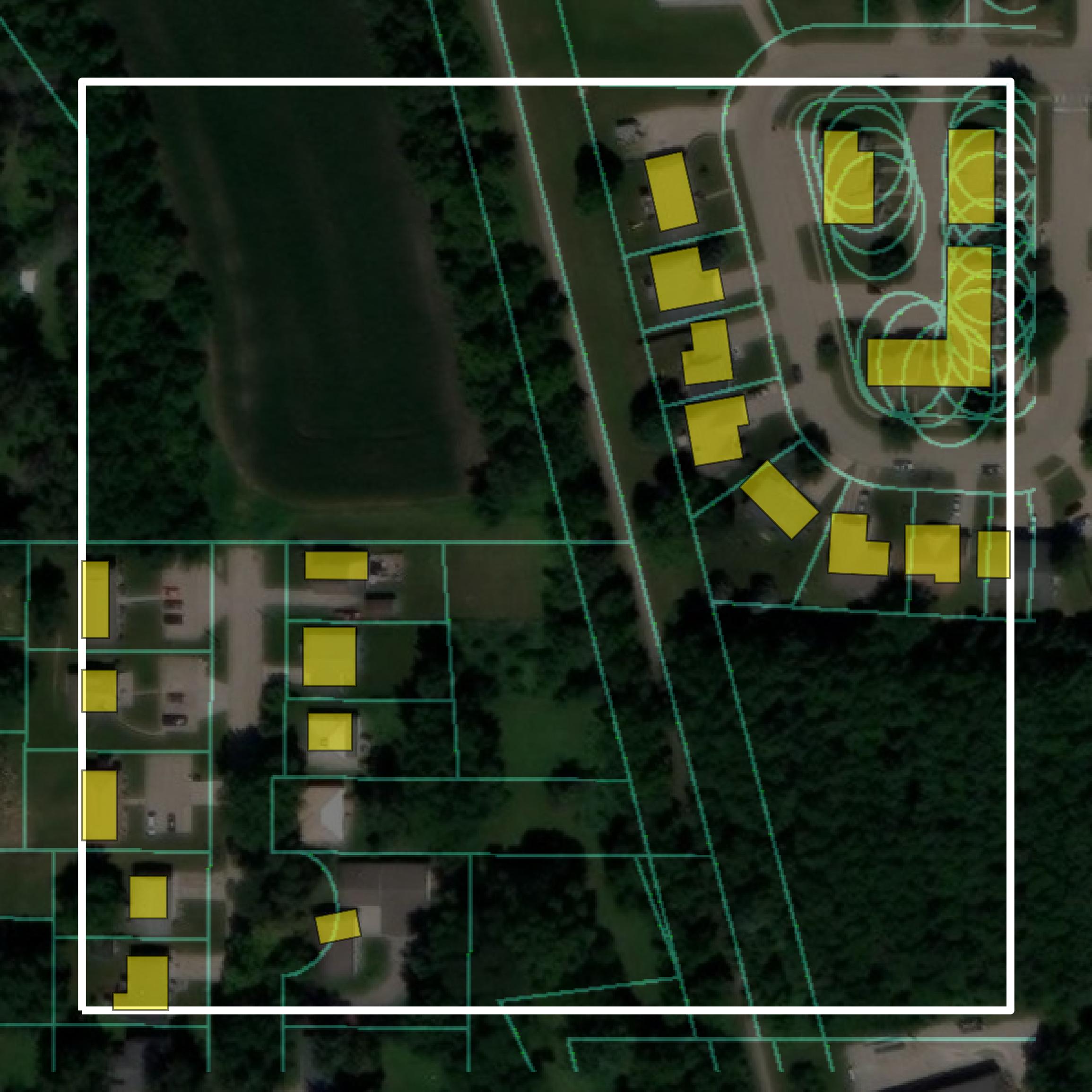 This image shows parcel and building data in Cedar County created using GIS data in Equator.