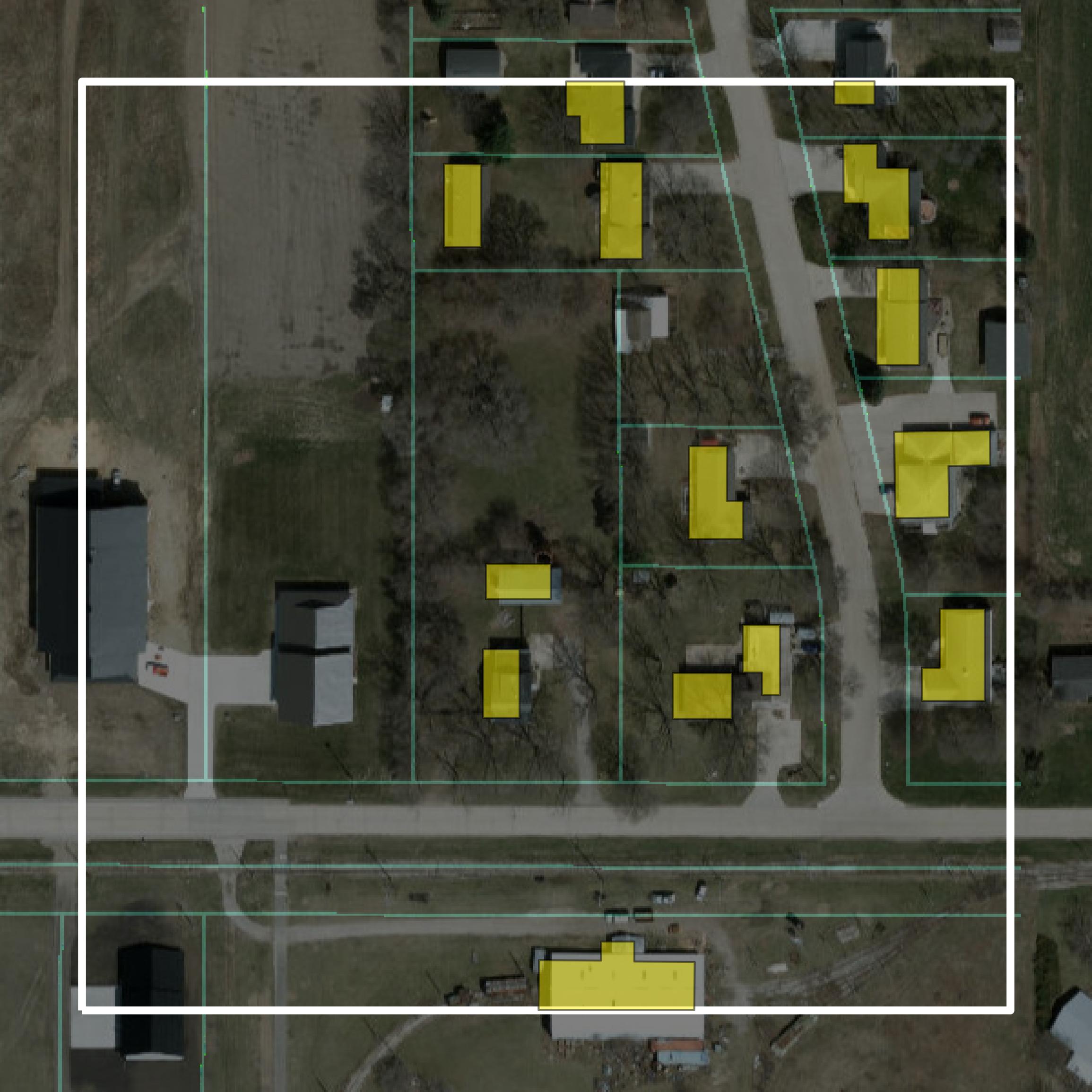 This image shows parcel and building data in Cerro Gordo County created using GIS data in Equator.