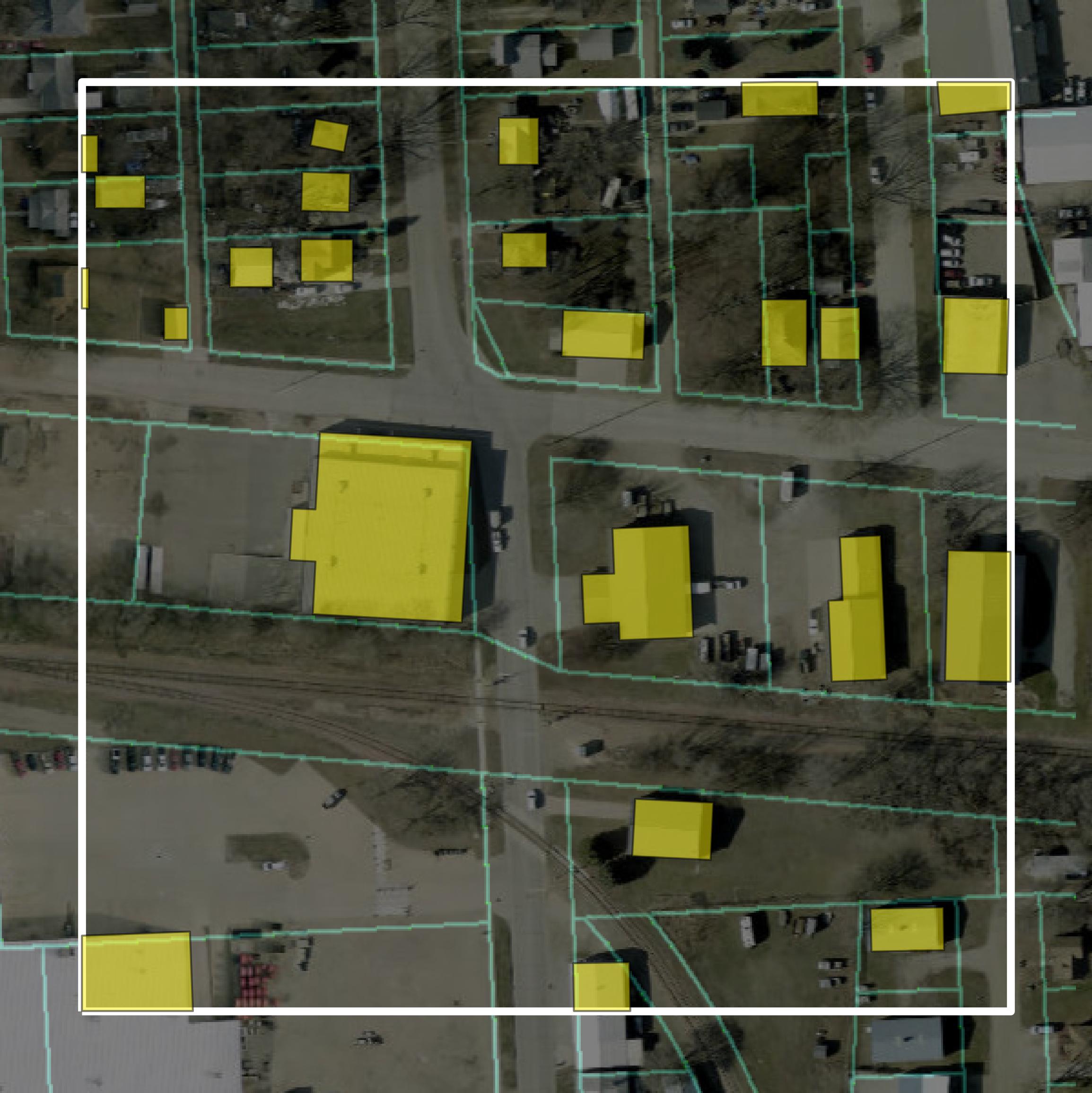 This image shows parcel and building data in Clay County created using GIS data in Equator.