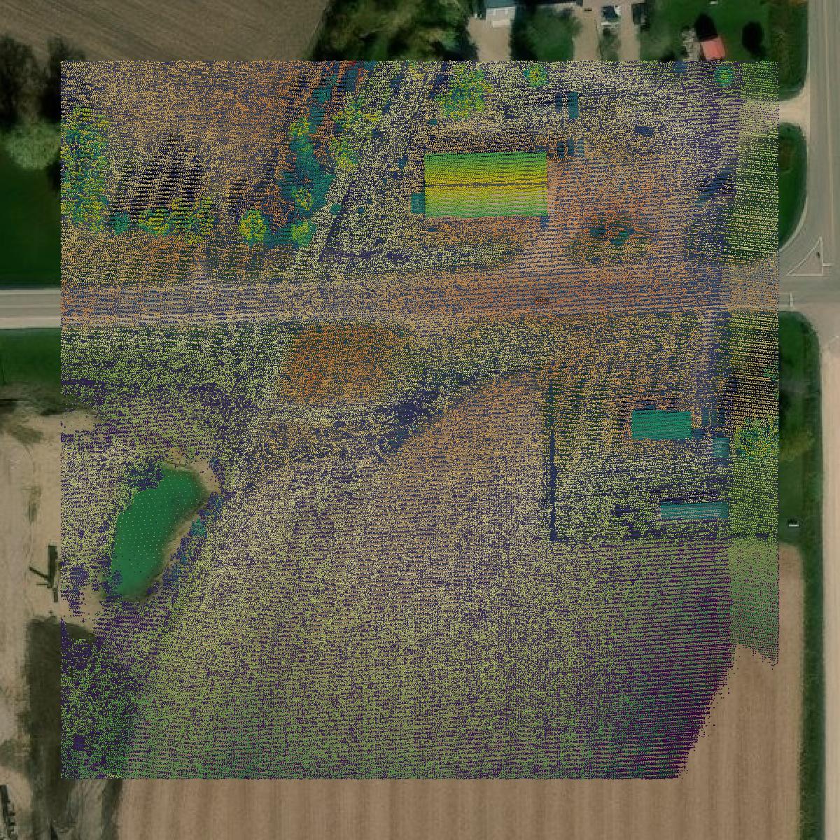 This image shows a LiDAR point cloud in Delaware County created using GIS data in Equator.