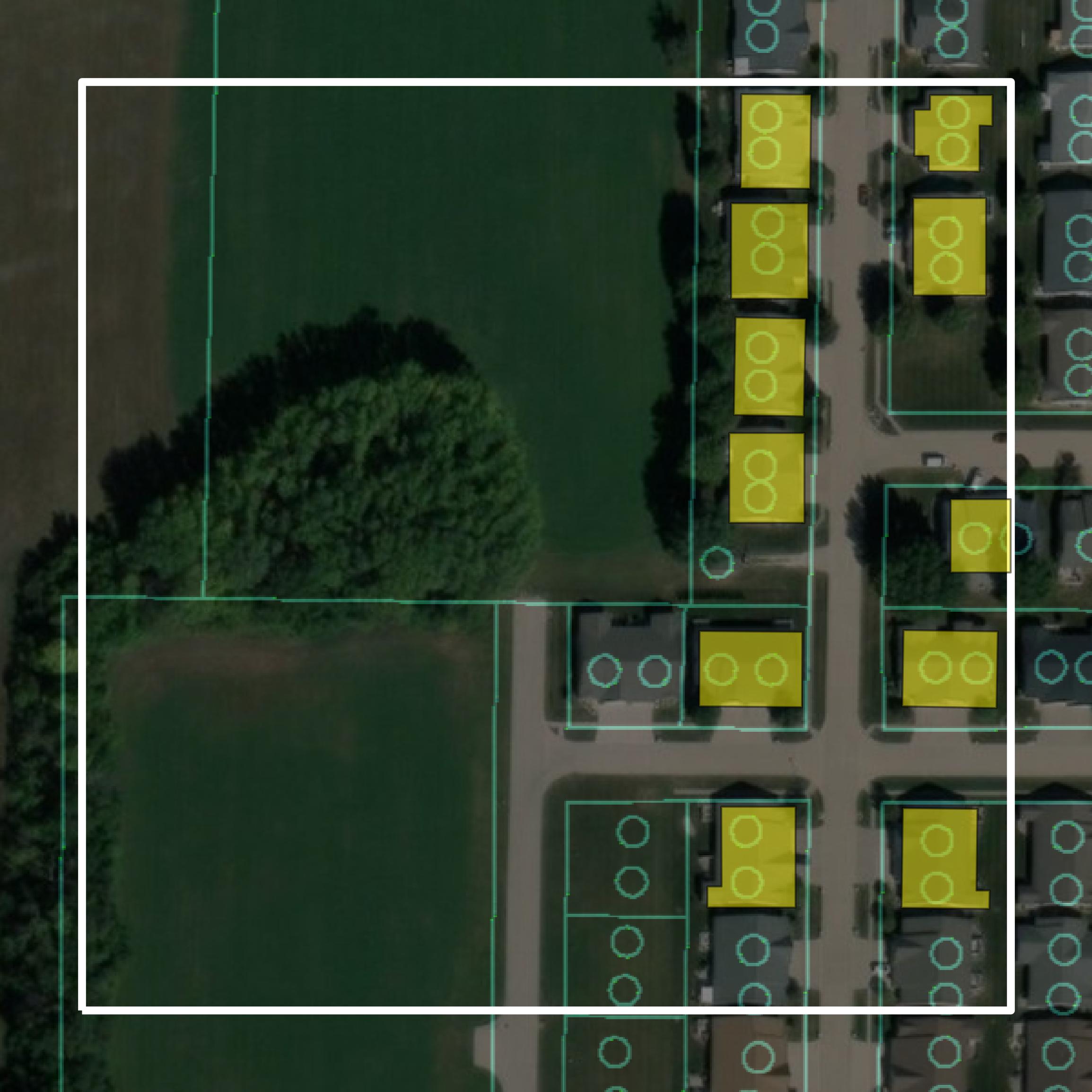 This image shows parcel and building data in Des Moines County created using GIS data in Equator.