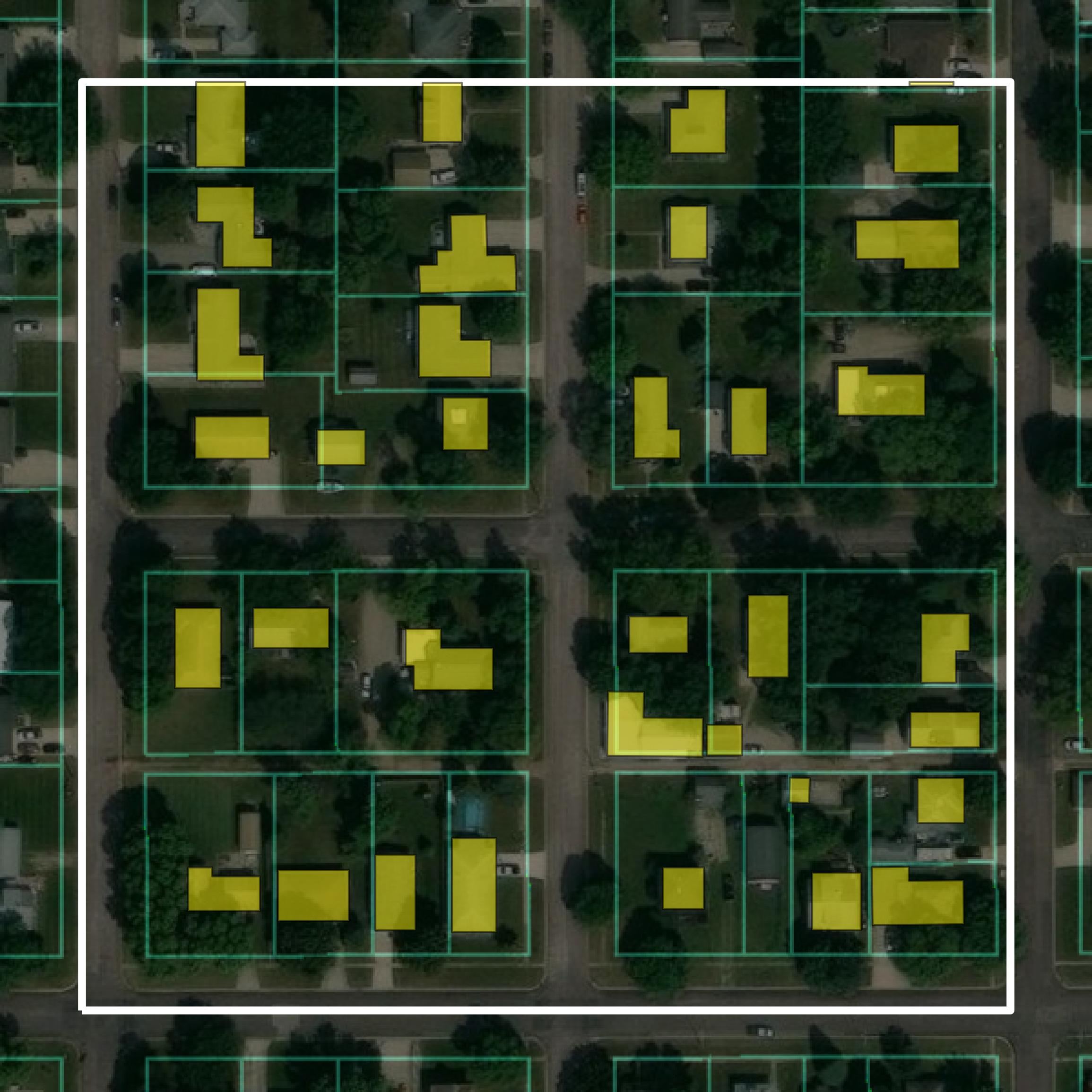 This image shows parcel and building data in Dickinson County created using GIS data in Equator.