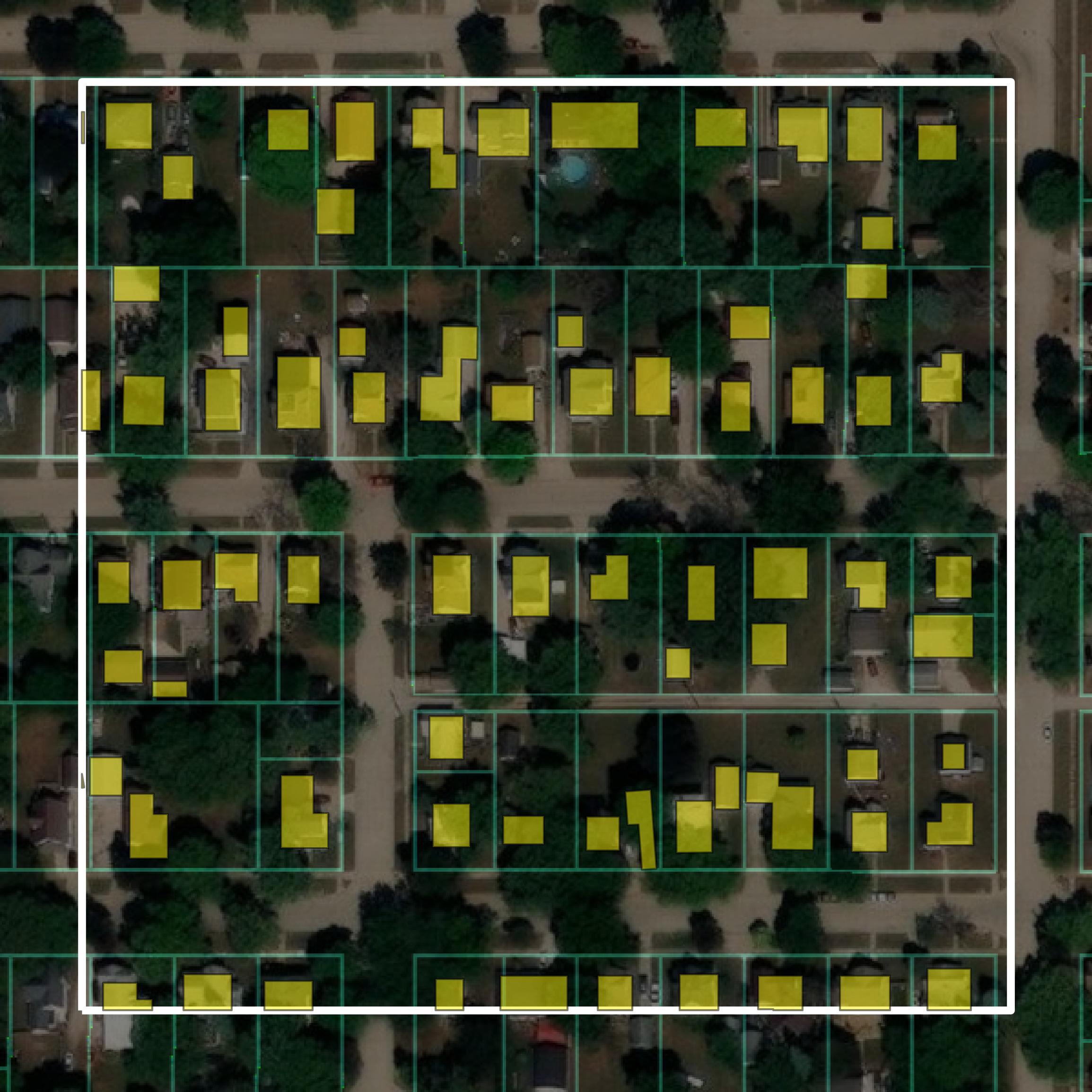 This image shows parcel and building data in Floyd County created using GIS data in Equator.